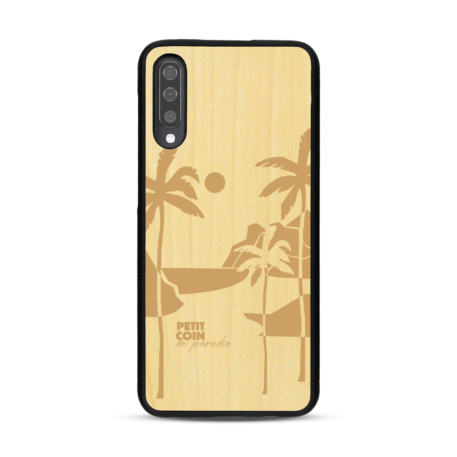 Coque de protection en bois véritable fabriquée en France pour  sur le thème des voyages en vans, vanlife et chill avec une gravure représentant un van vw combi devant le soleil couchant sur une plage avec des vagues