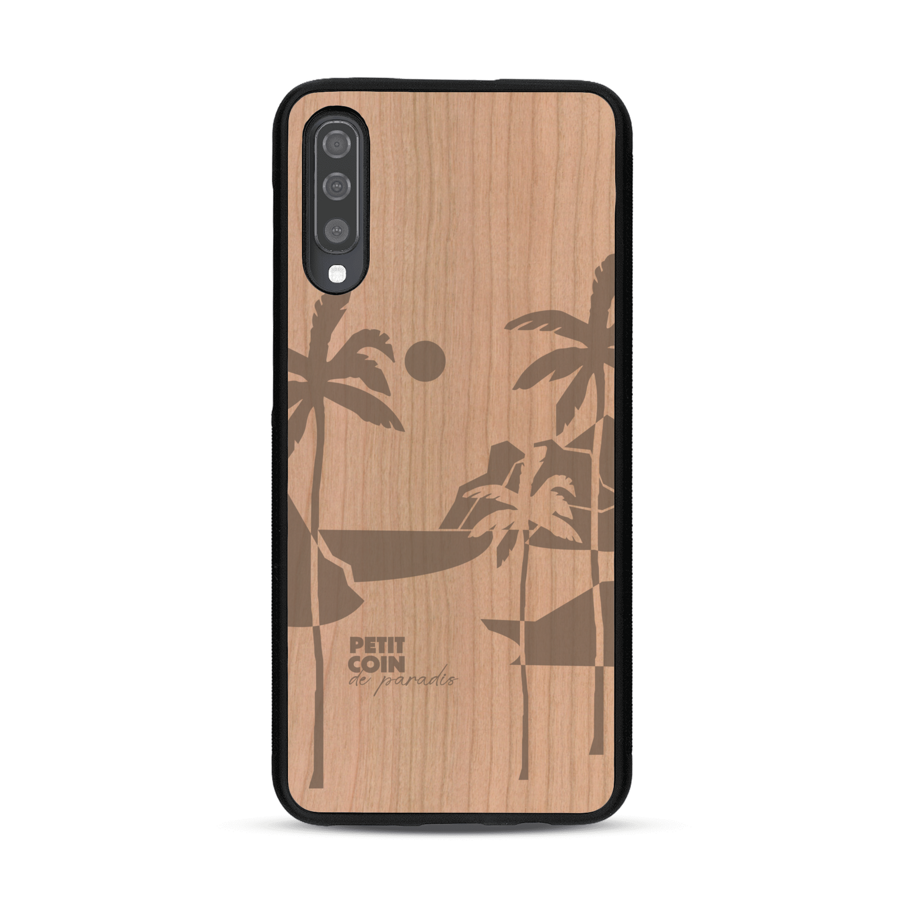 Coque de protection en bois véritable fabriquée en France pour  sur le thème des voyages en vans, vanlife et chill avec une gravure représentant un van vw combi devant le soleil couchant sur une plage avec des vagues