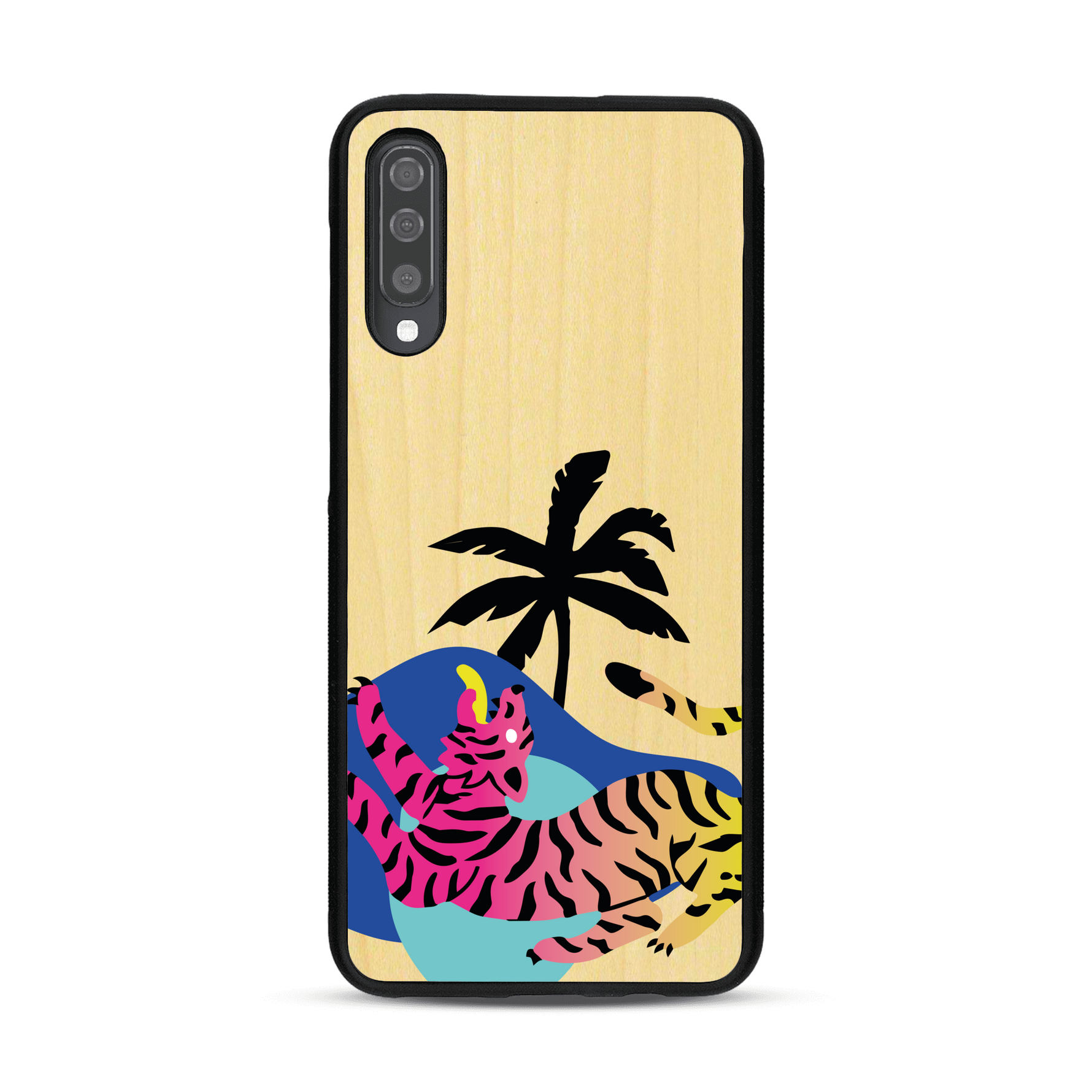 Coque de protection en bois véritable fabriquée en France pour Samsung A50 représentant un tigre coloré avec un design moderne et minimaliste sur le thème de la jungle et de la nature