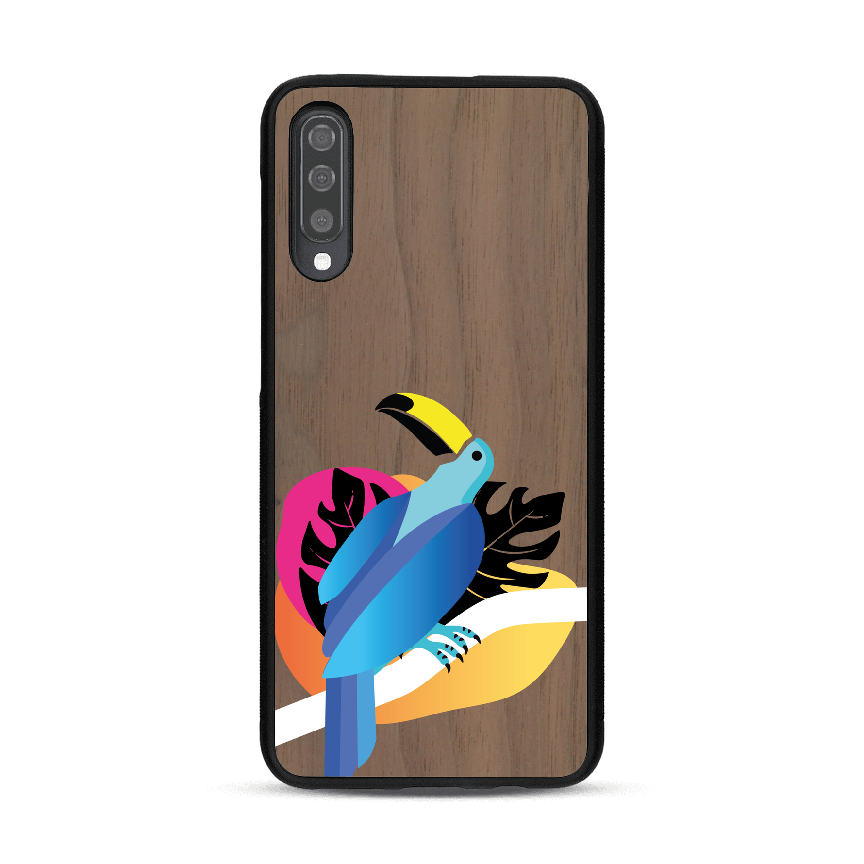Coque de protection en bois véritable fabriquée en France pour Samsung A50 représentant un toucan coloré avec un design moderne et minimaliste sur le thème de la jungle et de la nature
