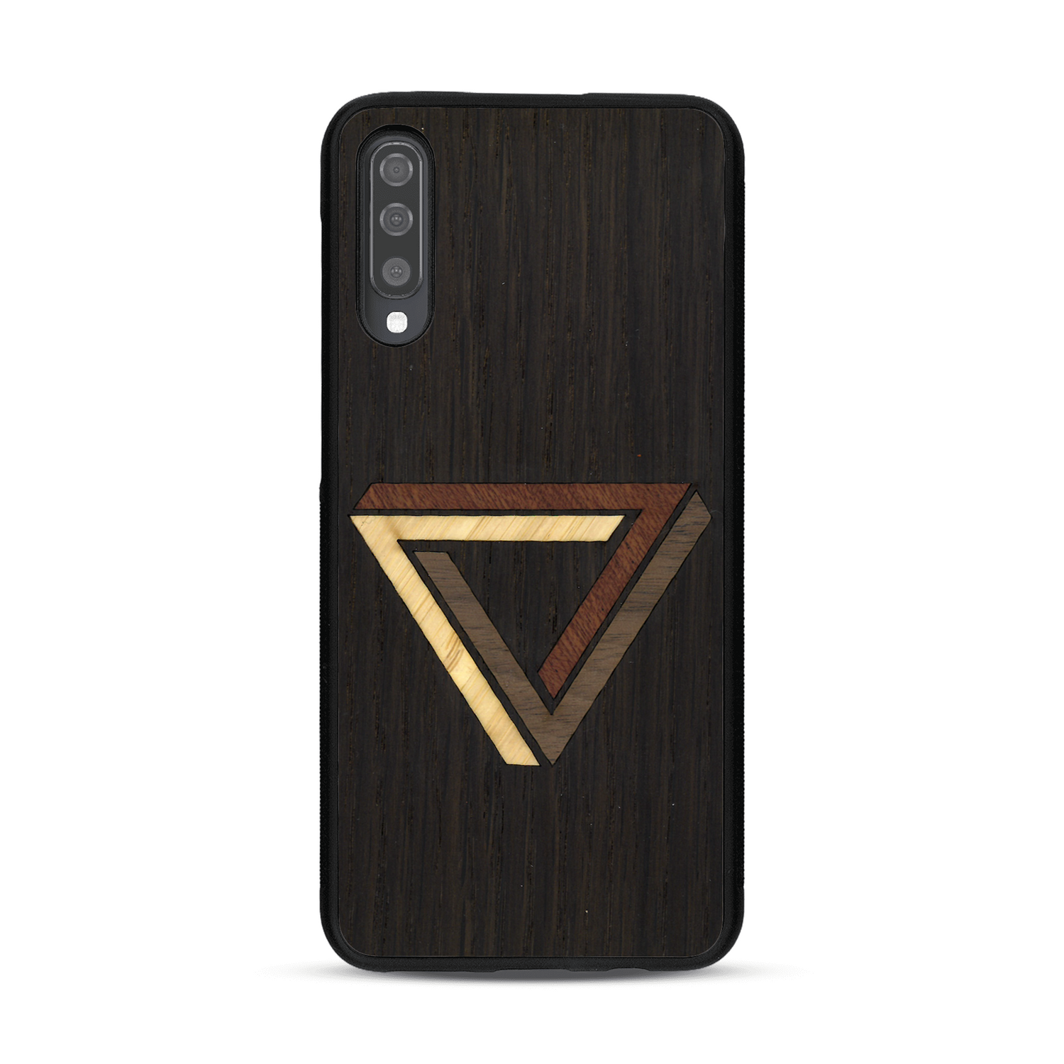 Coque de protection en bois véritable fabriquée en France pour  sur le thème de l'art géométrique qui allie du chêne fumé, du noyer, du bambou et du padouk représentant le triangle de penrose