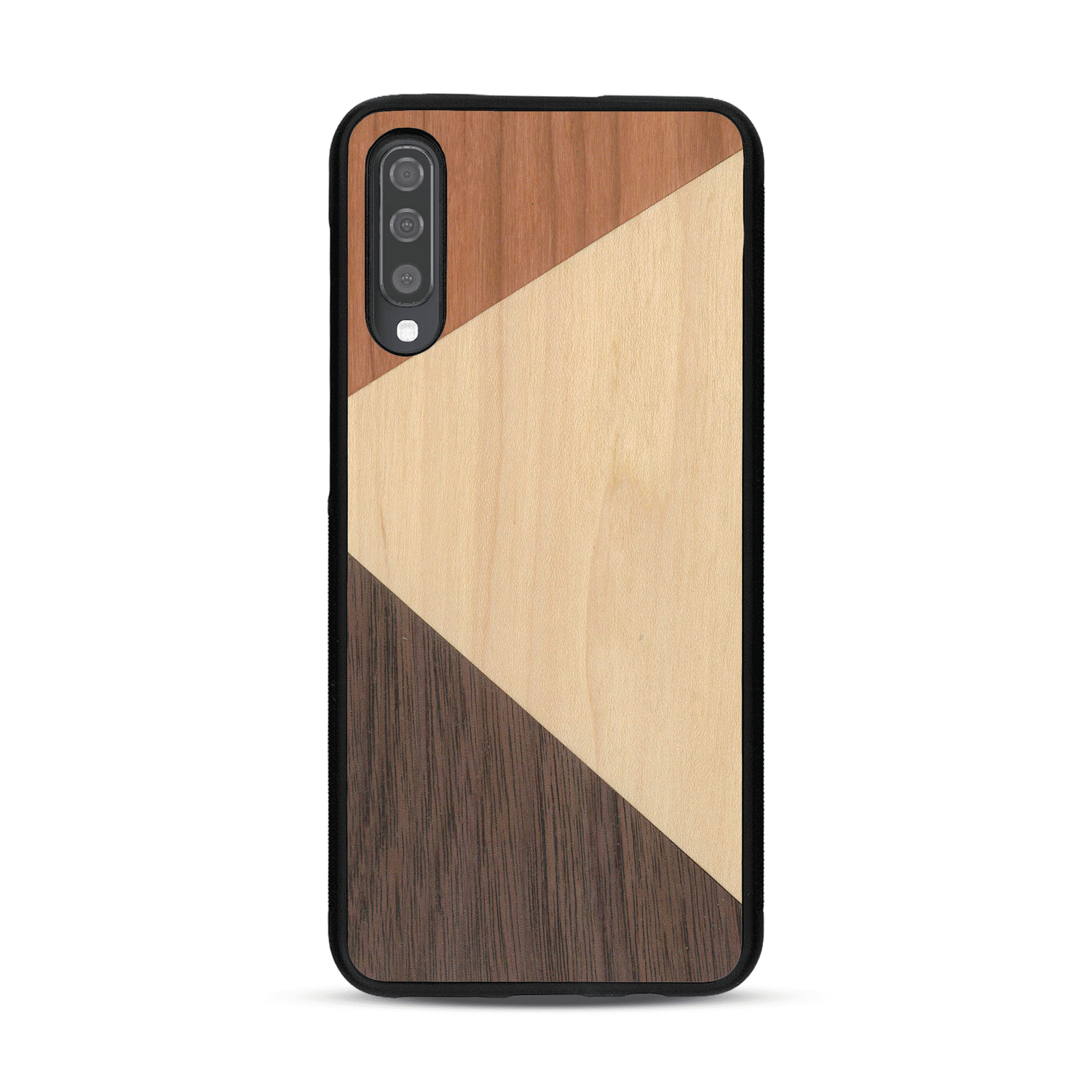 Coque de protection en bois véritable fabriquée en France pour  alliant du merisier, du noyer et du bambou formant chacun deux triangles et un trapèze avec deux jointures en diagonale sur le thème de l'art abstrait