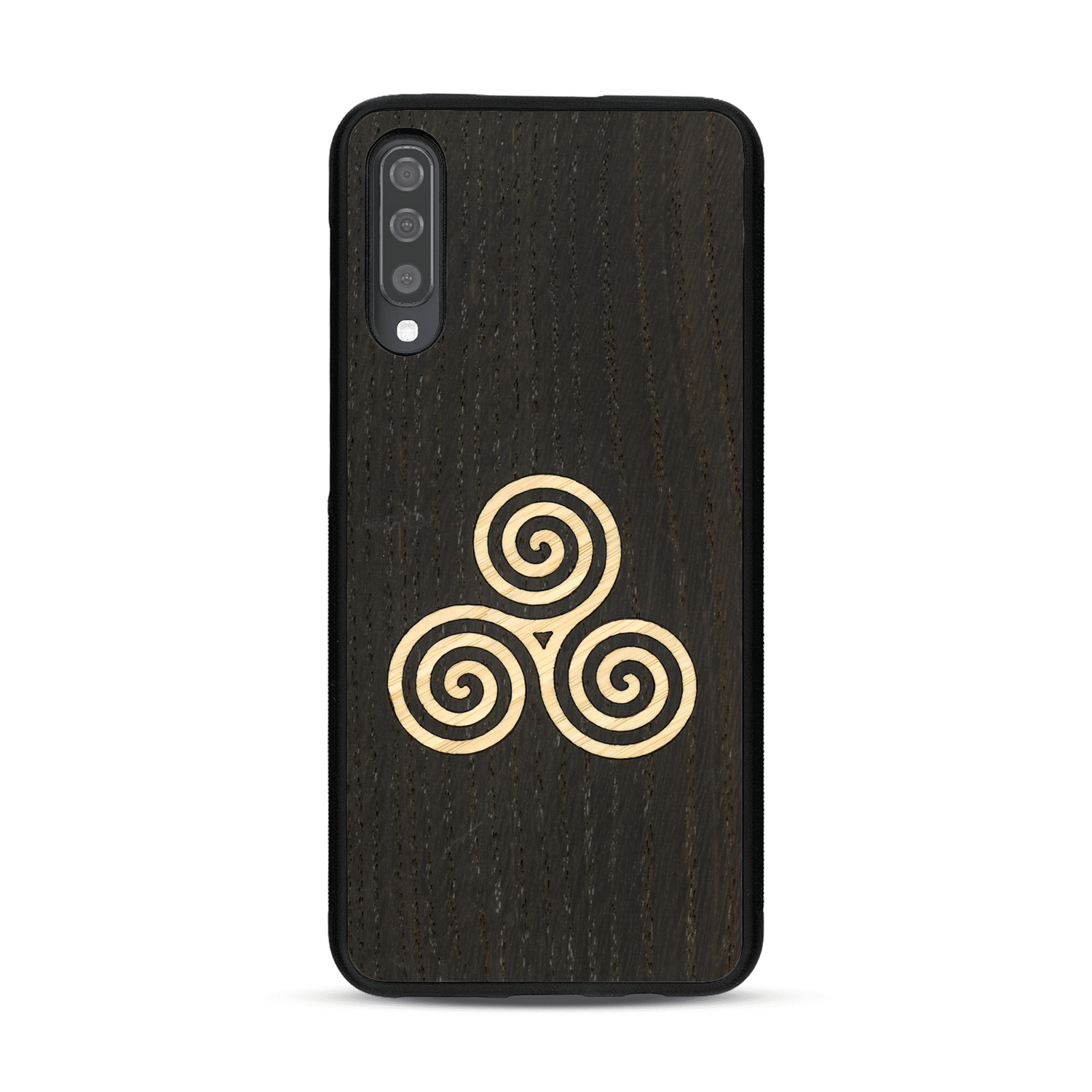 Coque de protection en bois véritable fabriquée en France pour  alliant du chêne fumé et du bambou et doré représentant un triskell