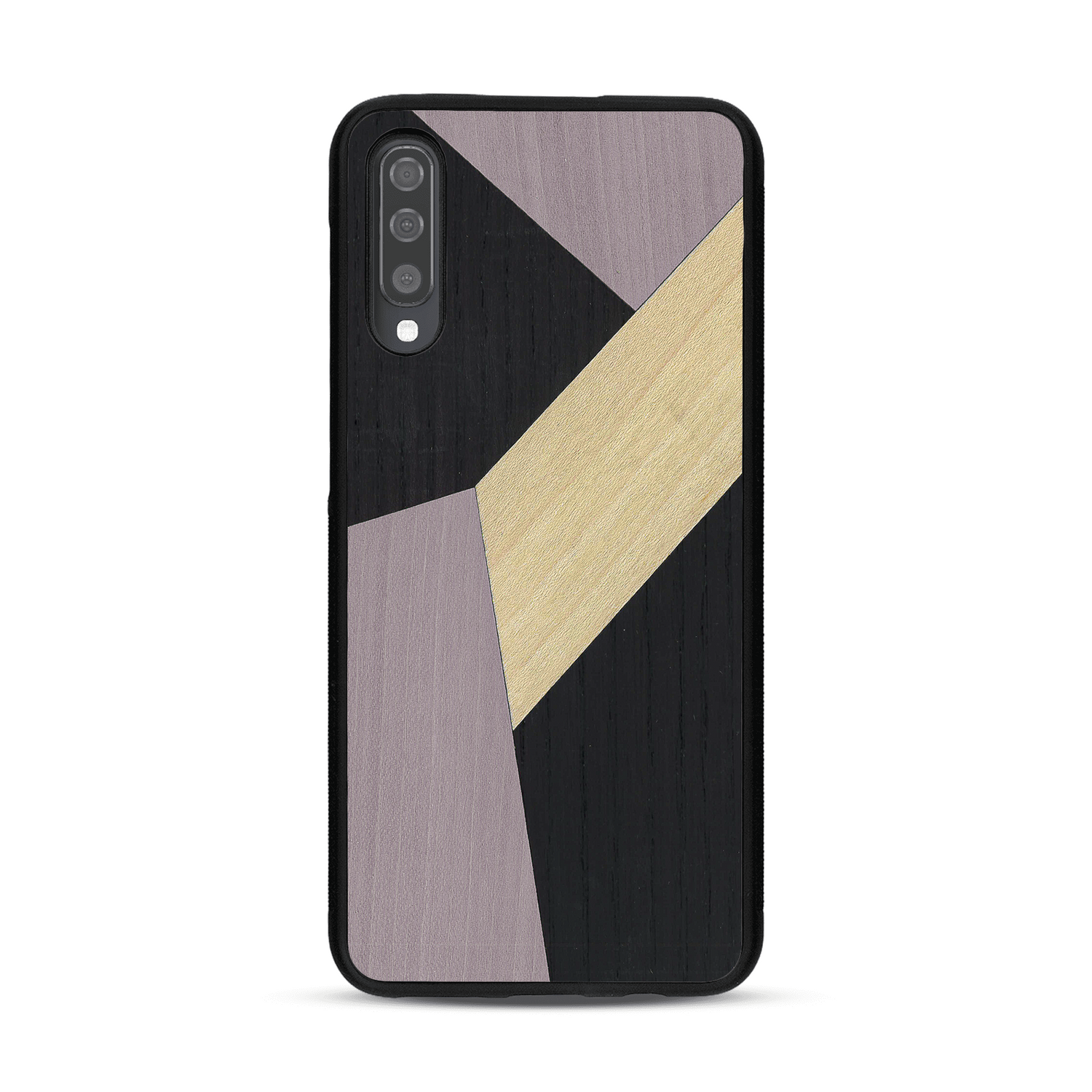 Coque de protection en bois véritable fabriquée en France pour  alliant du bambou, du tulipier mauve et noir en forme de mosaïque minimaliste sur le thème de l'art abstrait
