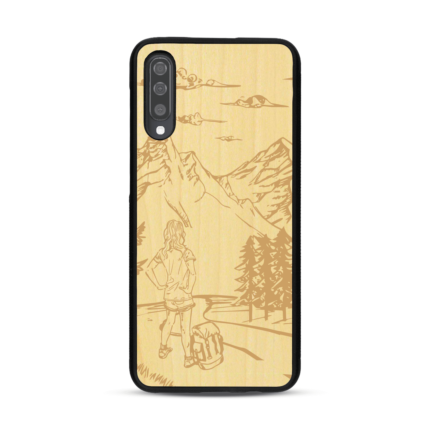 Coque de protection en bois véritable fabriquée en France pour  sur le thème de la randonnée en montagne et de l'aventure avec une gravure représentant une femme de dos face à un paysage de nature