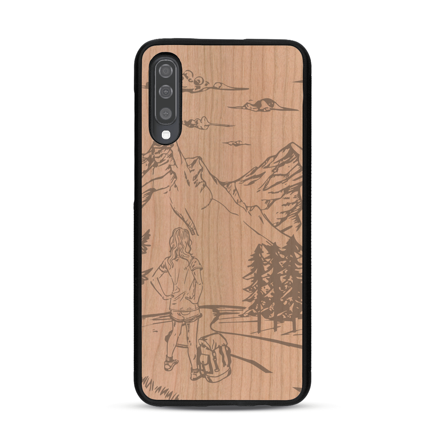 Coque de protection en bois véritable fabriquée en France pour  sur le thème de la randonnée en montagne et de l'aventure avec une gravure représentant une femme de dos face à un paysage de nature