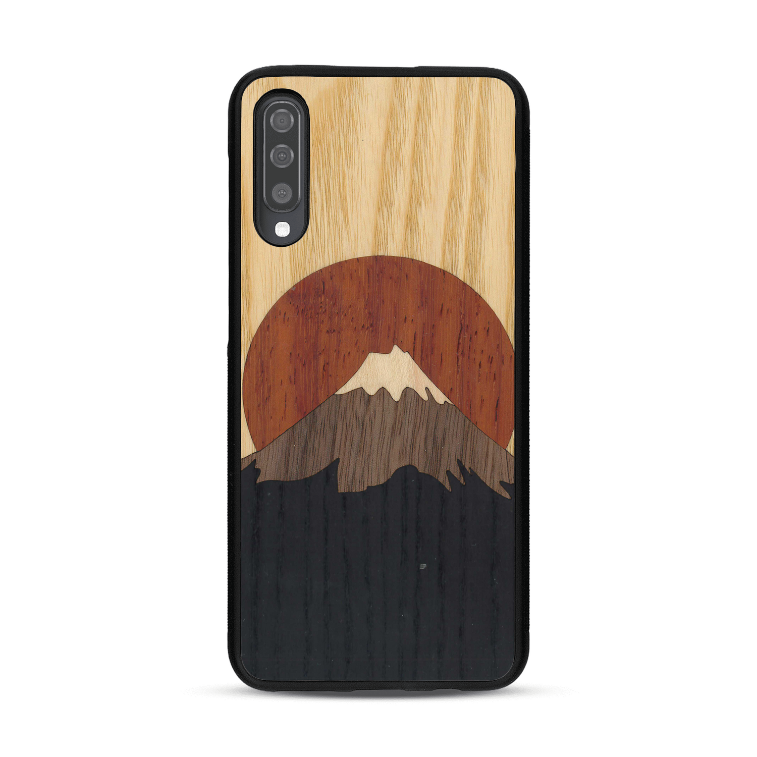 Coque de protection en bois véritable fabriquée en France pour  alliant plusieurs essences de bois pour représenter le mont Fuji