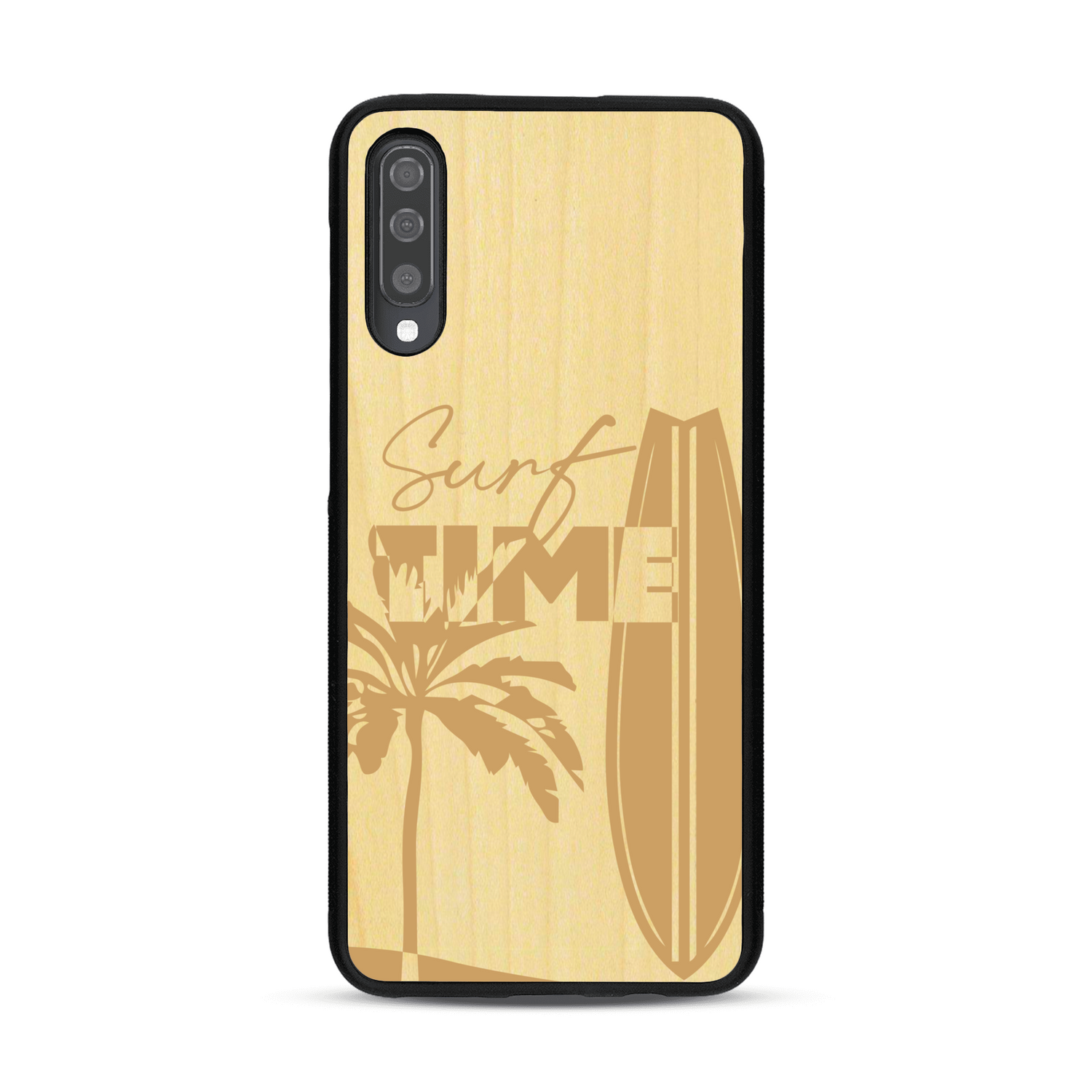 Coque de protection en bois véritable fabriquée en France pour  sur le thème chill avec un motif représentant une silouhette tenant une planche de surf sur une plage entouré de palmiers et les mots "Surf Time Long Beach Miami"