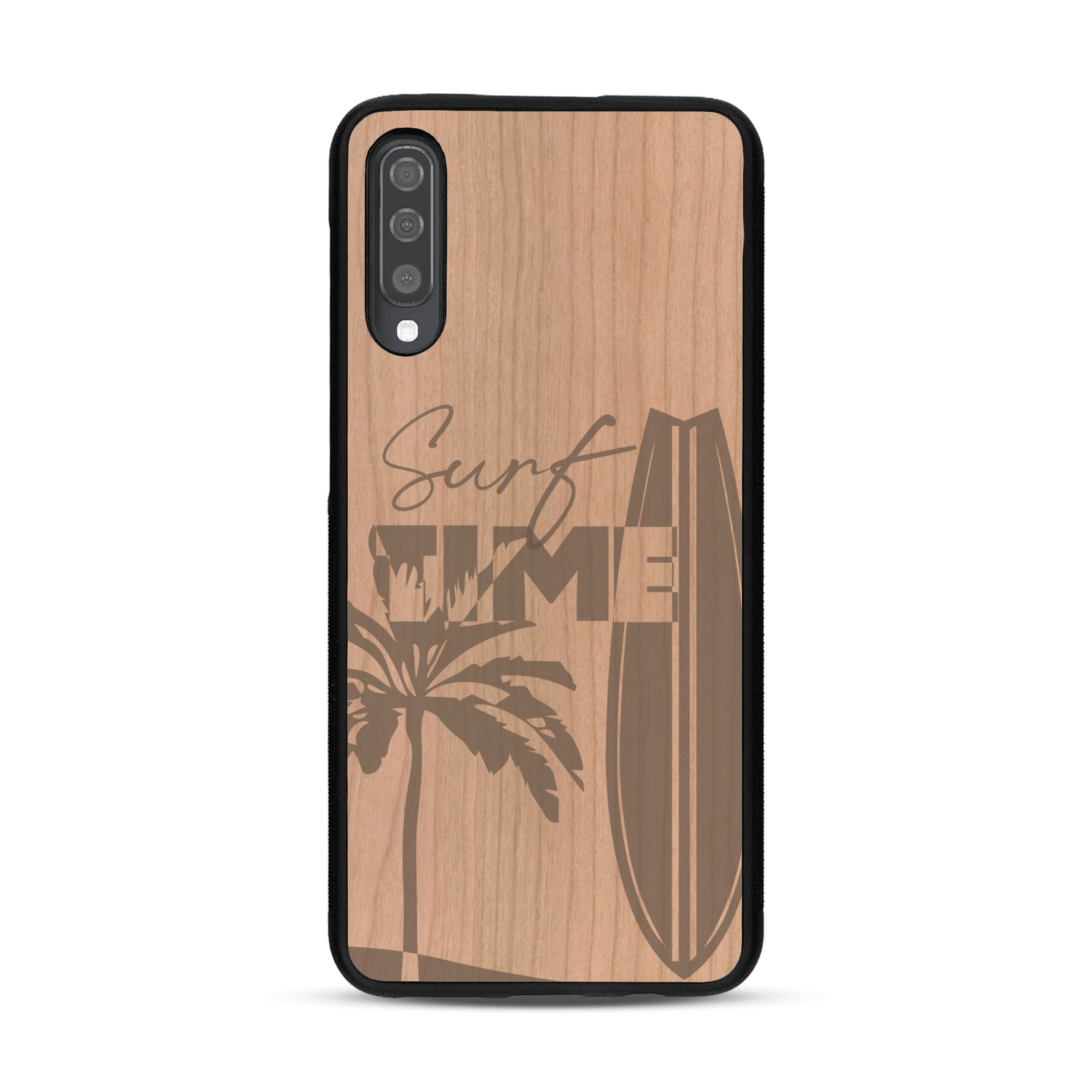Coque de protection en bois véritable fabriquée en France pour  sur le thème chill avec un motif représentant une silouhette tenant une planche de surf sur une plage entouré de palmiers et les mots "Surf Time Long Beach Miami"