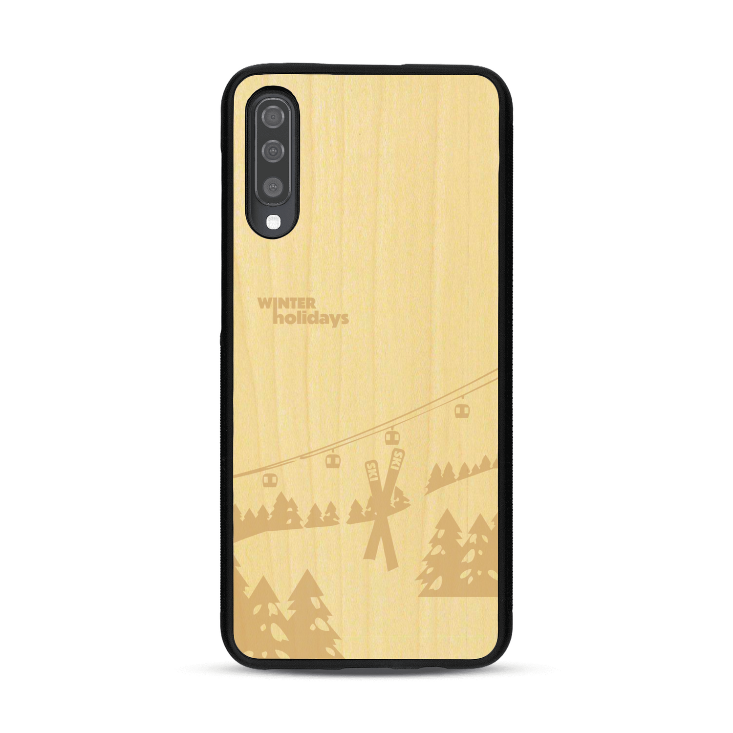 Coque de protection en bois véritable fabriquée en France pour  sur le thème de la montagne, du ski et de la neige avec un motif représentant une paire de ski plantée dans la neige avec en fond des montagnes enneigées