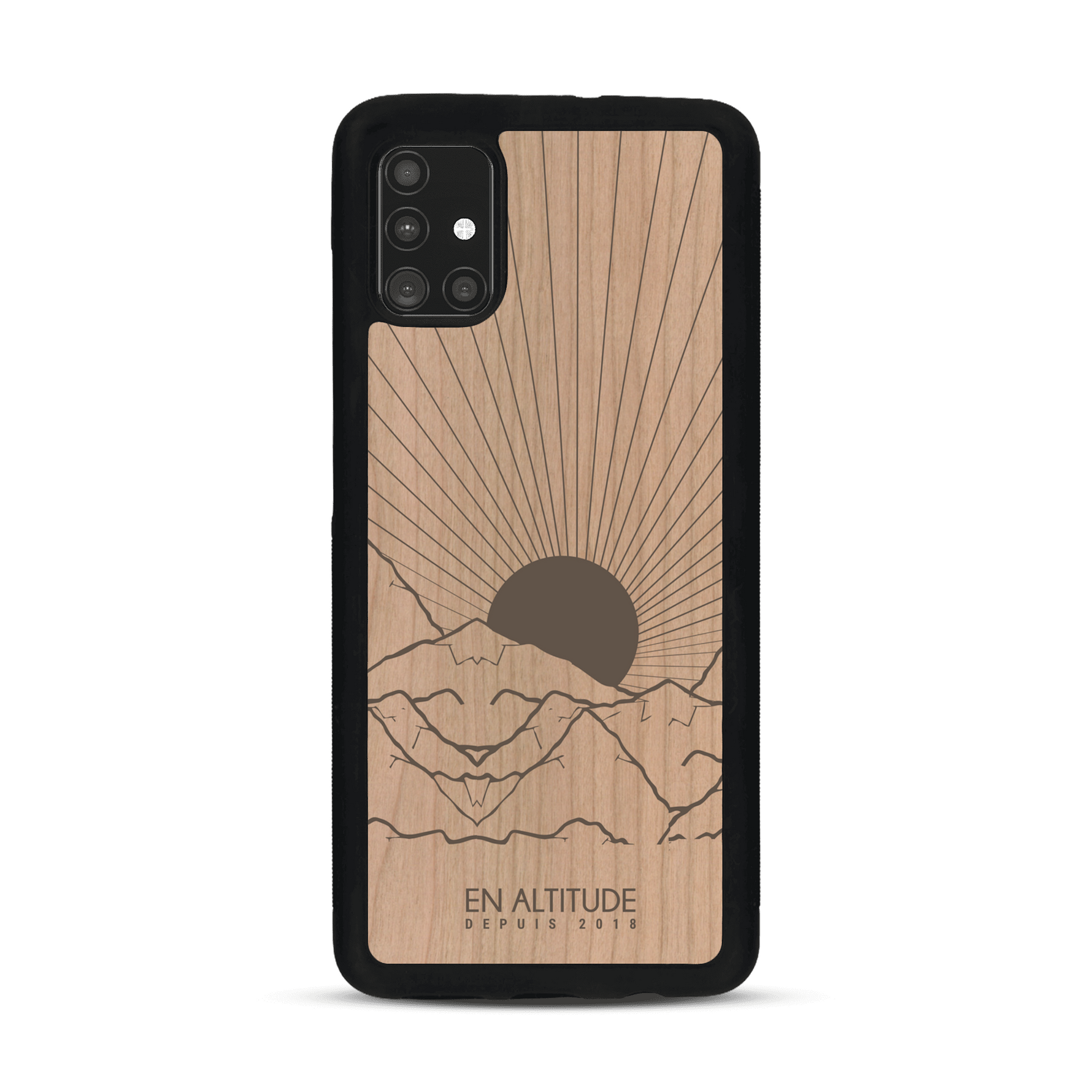 Coque de protection en bois véritable fabriquée en France pour  représentant des montagnes, sur le thème de la randonnée en pleine nature et du trail