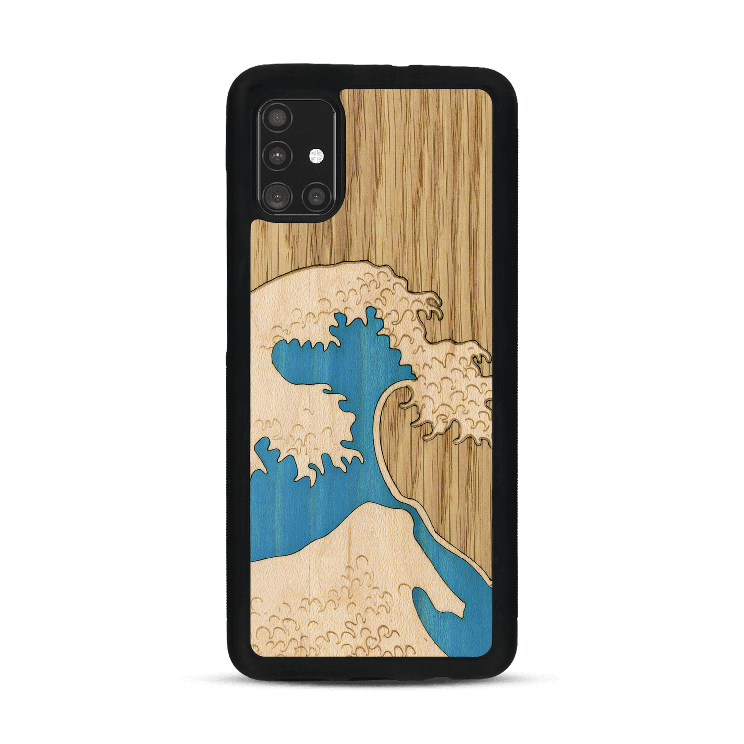 Coque de protection en bois véritable fabriquée en France pour  alliant plusieurs essences de bois pour représenter la célèbre grande vague de Kanagawa