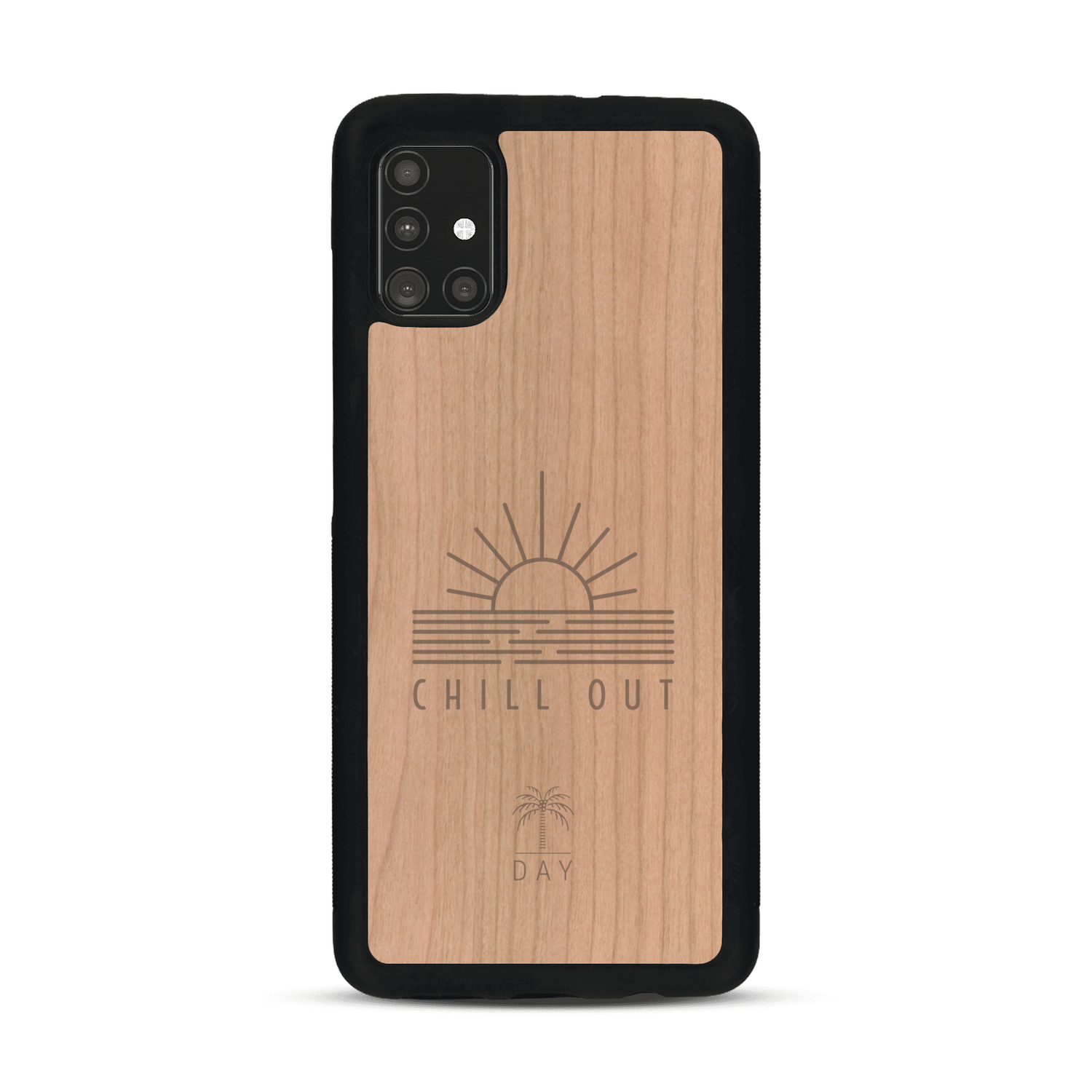 Coque de protection en bois véritable fabriquée en France pour  sur le thème chill avec un motif représentant un couché de soleil sur l'océan et la phrase "Chill out"