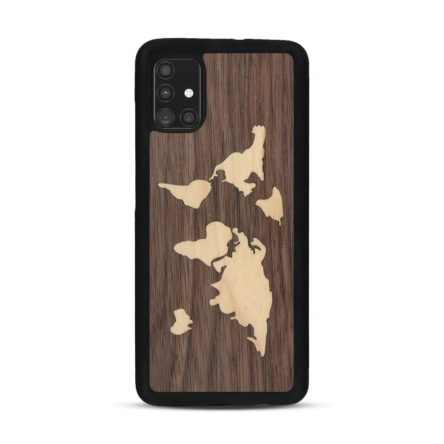Coque de protection en bois véritable fabriquée en France pour  alliant du bambou et du noyer sur le thème du voyage et de l'aventure représentant une mappemonde