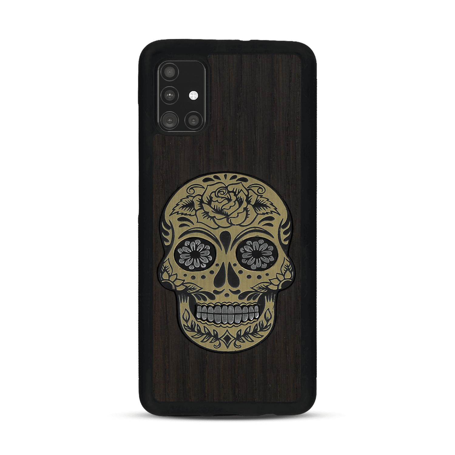 Coque de protection en bois véritable fabriquée en France pour  alliant du chêne fumé avec du métal argenté et doré représentant une tête de mort mexicaine sur le thème Dia de los Muertos