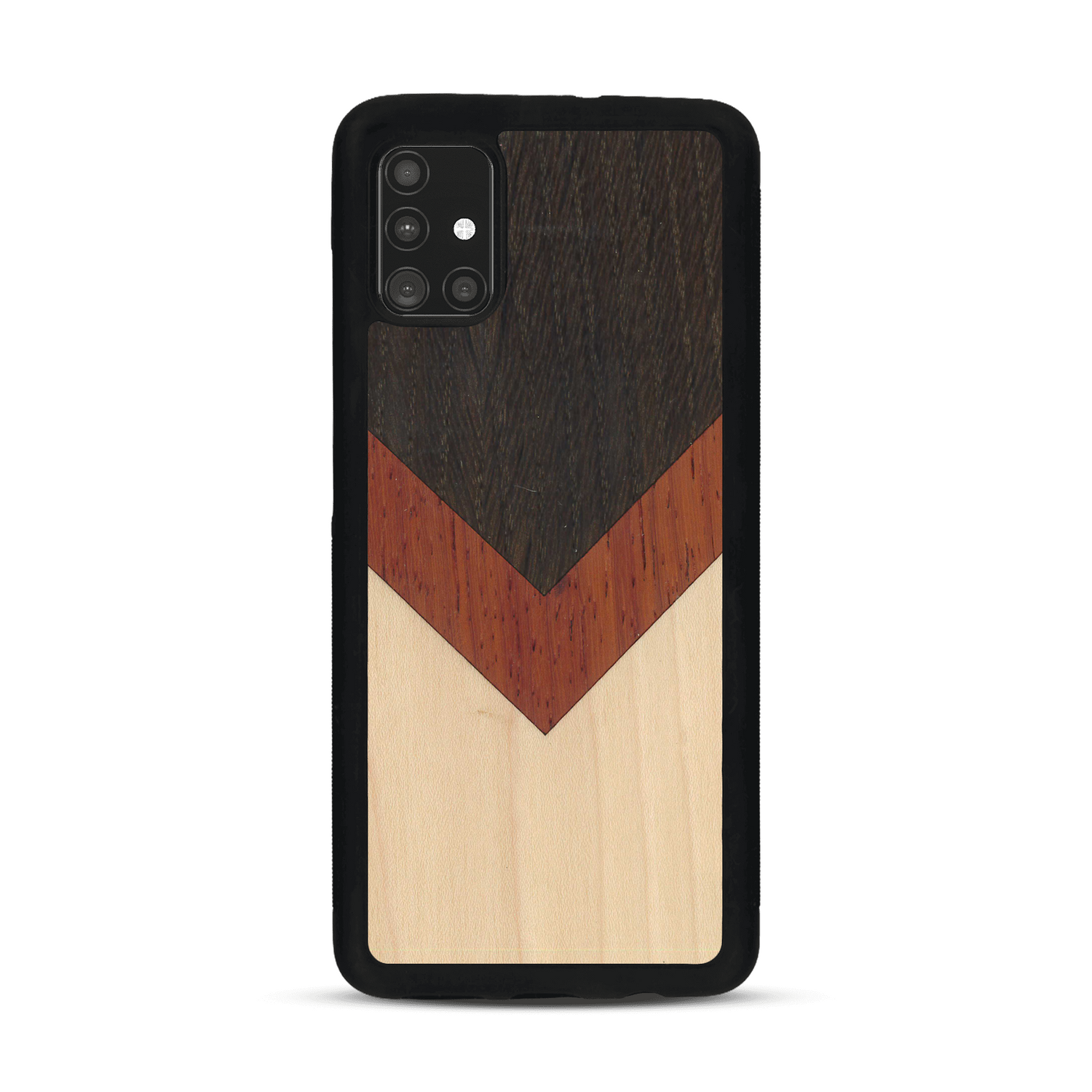 Coque de protection en bois véritable fabriquée en France pour  alliant du chêne fumé, du padouk et du bambou en forme de chevron sur le thème de l'art abstrait