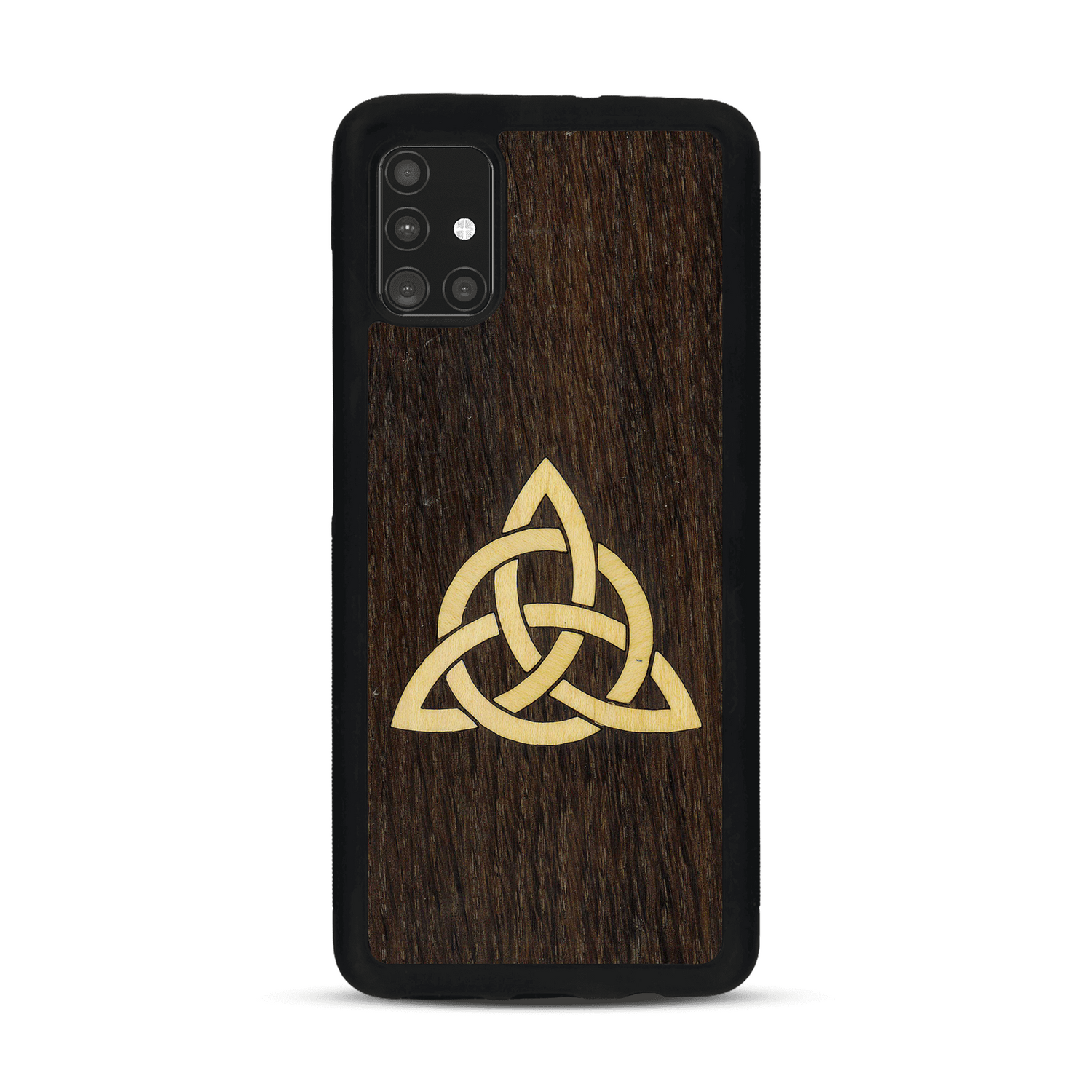 Coque de protection en bois véritable fabriquée en France pour  alliant du chêne fumé et du bambou représentant une triquetra