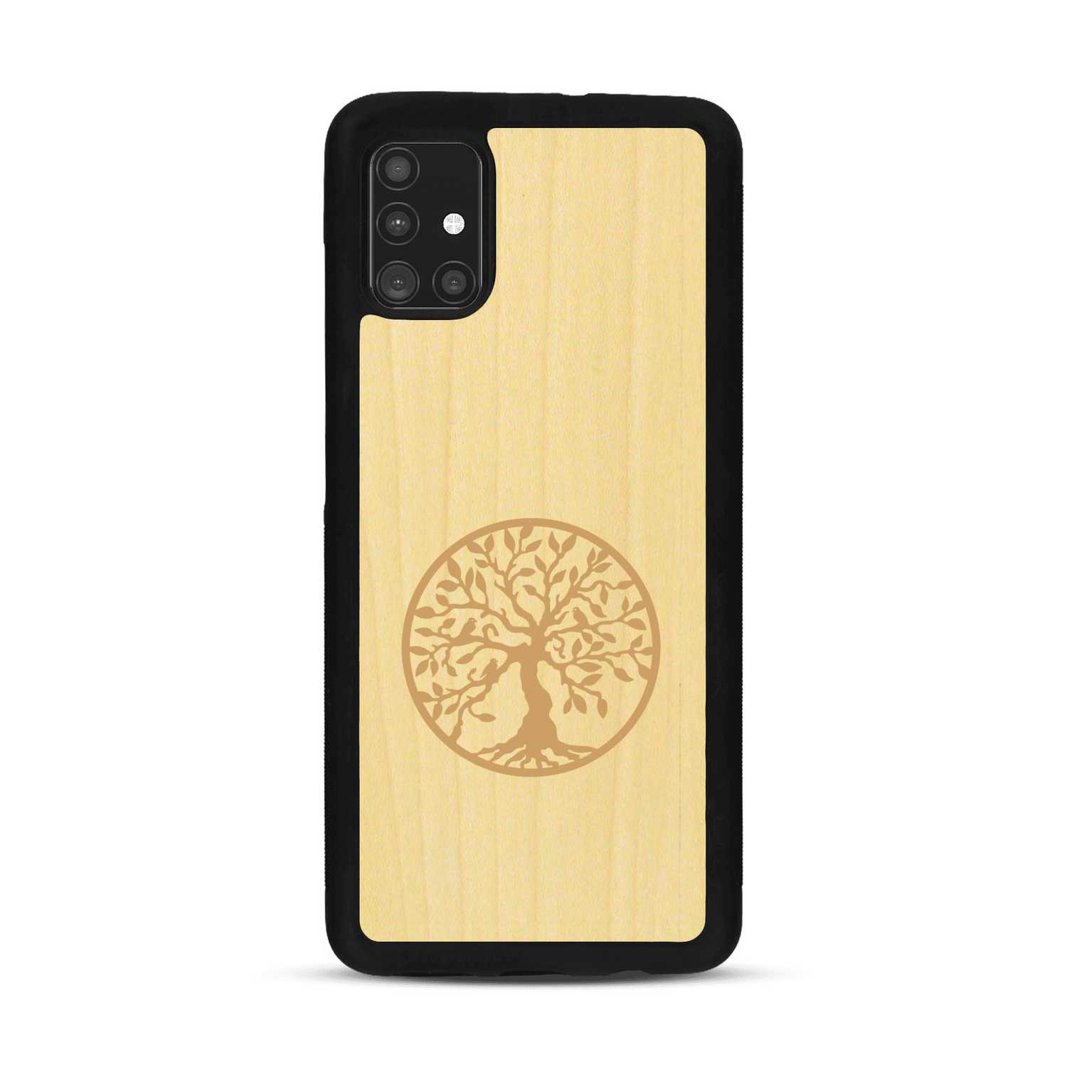 Coque de protection en bois véritable fabriquée en France pour  sur le thème de la spiritualité et du yoga avec une gravure zen représentant un arbre de vie