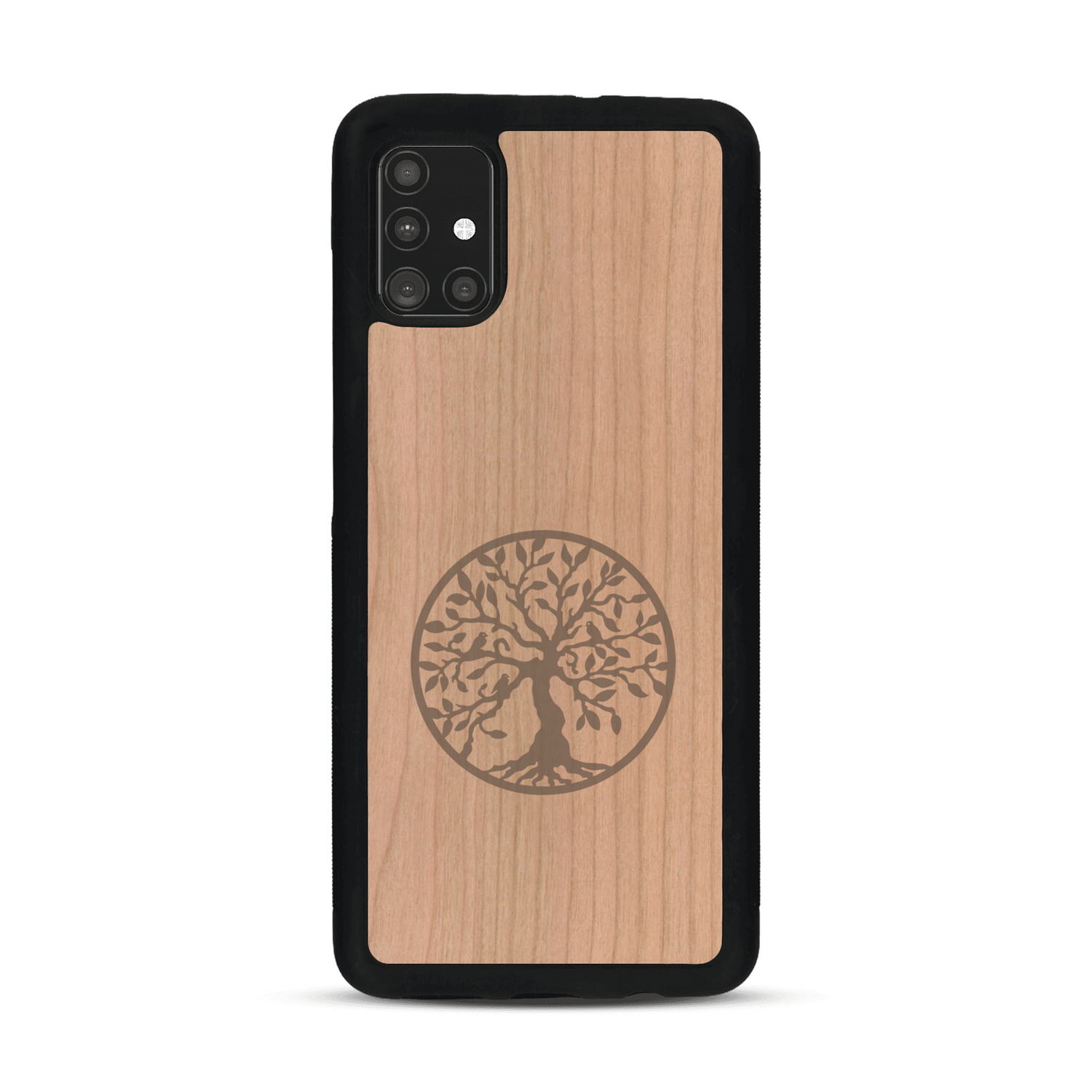 Coque de protection en bois véritable fabriquée en France pour  sur le thème de la spiritualité et du yoga avec une gravure zen représentant un arbre de vie