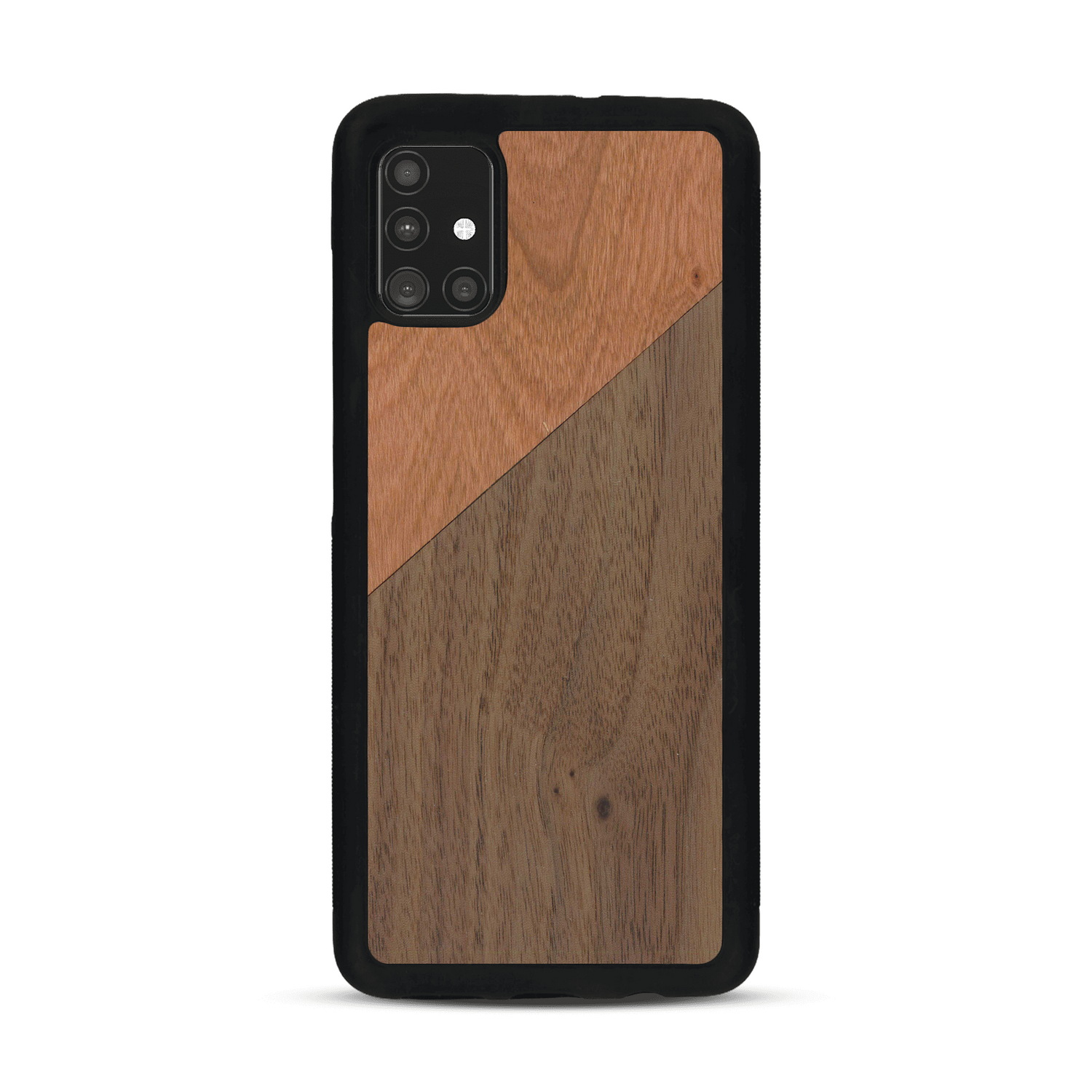 Coque de protection en bois véritable fabriquée en France pour  alliant du merisier et du noyer formant chacun un triangle avec une jointure en diagonale sur le thème de l'art abstrait