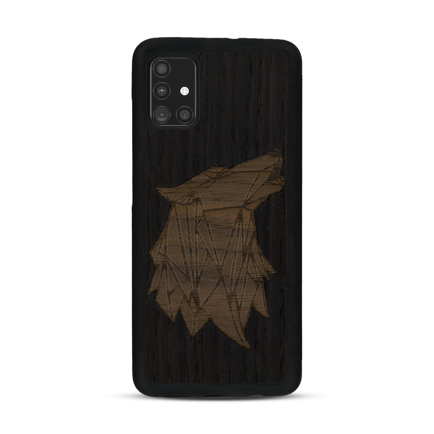 Coque de protection en bois véritable fabriquée en France pour  alliant du chêne fumé et du noyer représentant une tête de loup géométrique de profil sur le thème des animaux et de la nature
