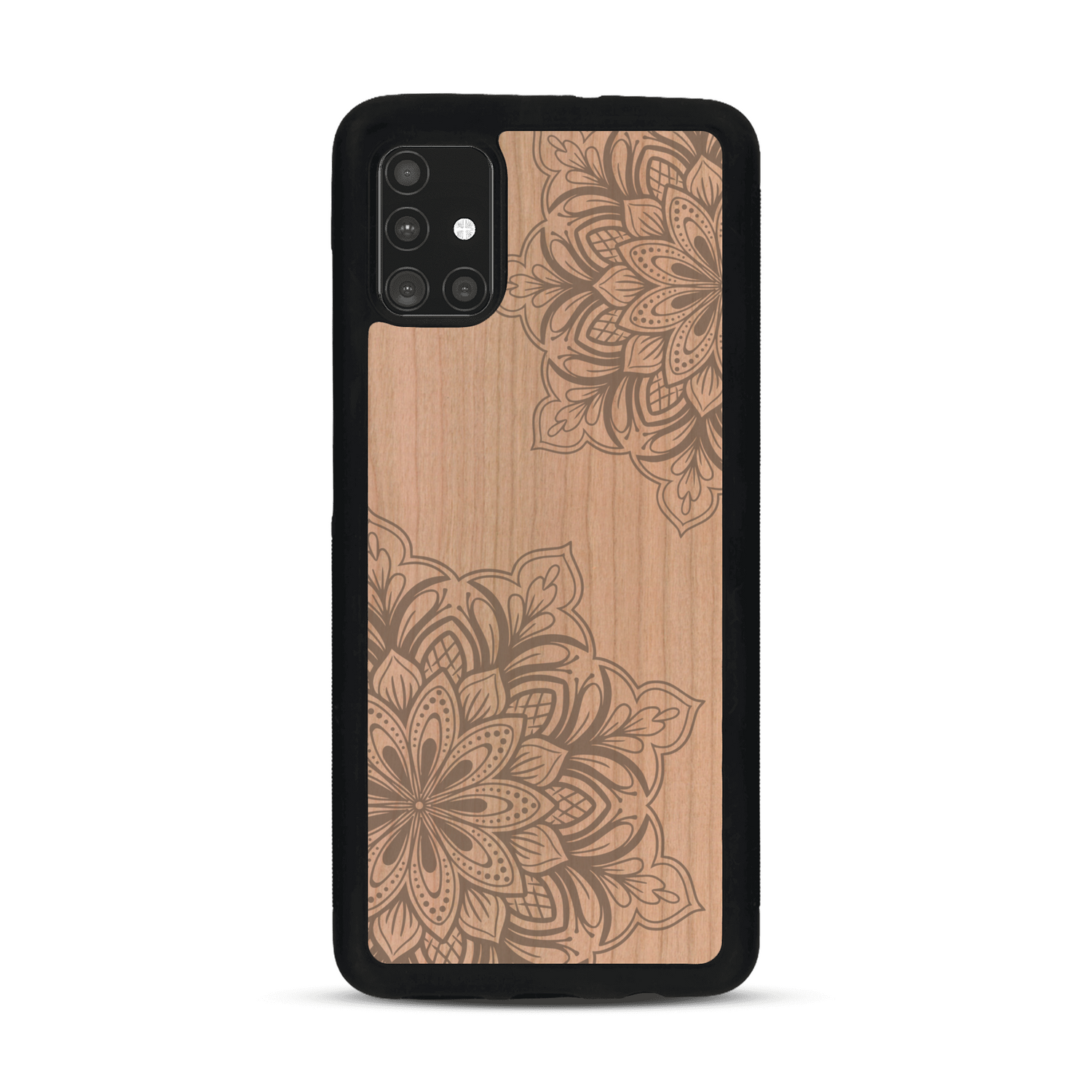 Coque de protection en bois véritable fabriquée en France pour  sur le thème de la bohème et du tatouage au henné avec une gravure représentant un mandala
