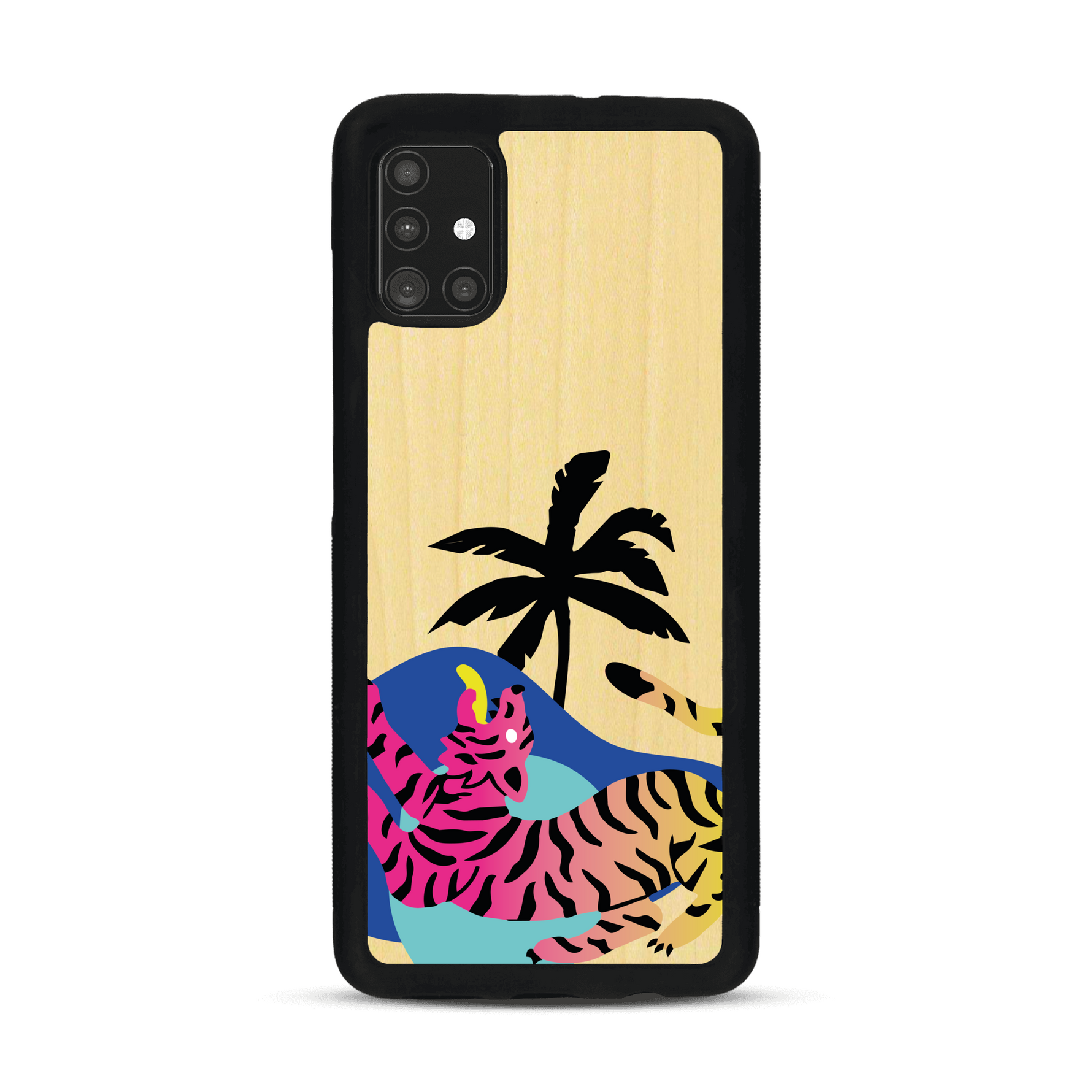 Coque de protection en bois véritable fabriquée en France pour Samsung A51 représentant un tigre coloré avec un design moderne et minimaliste sur le thème de la jungle et de la nature