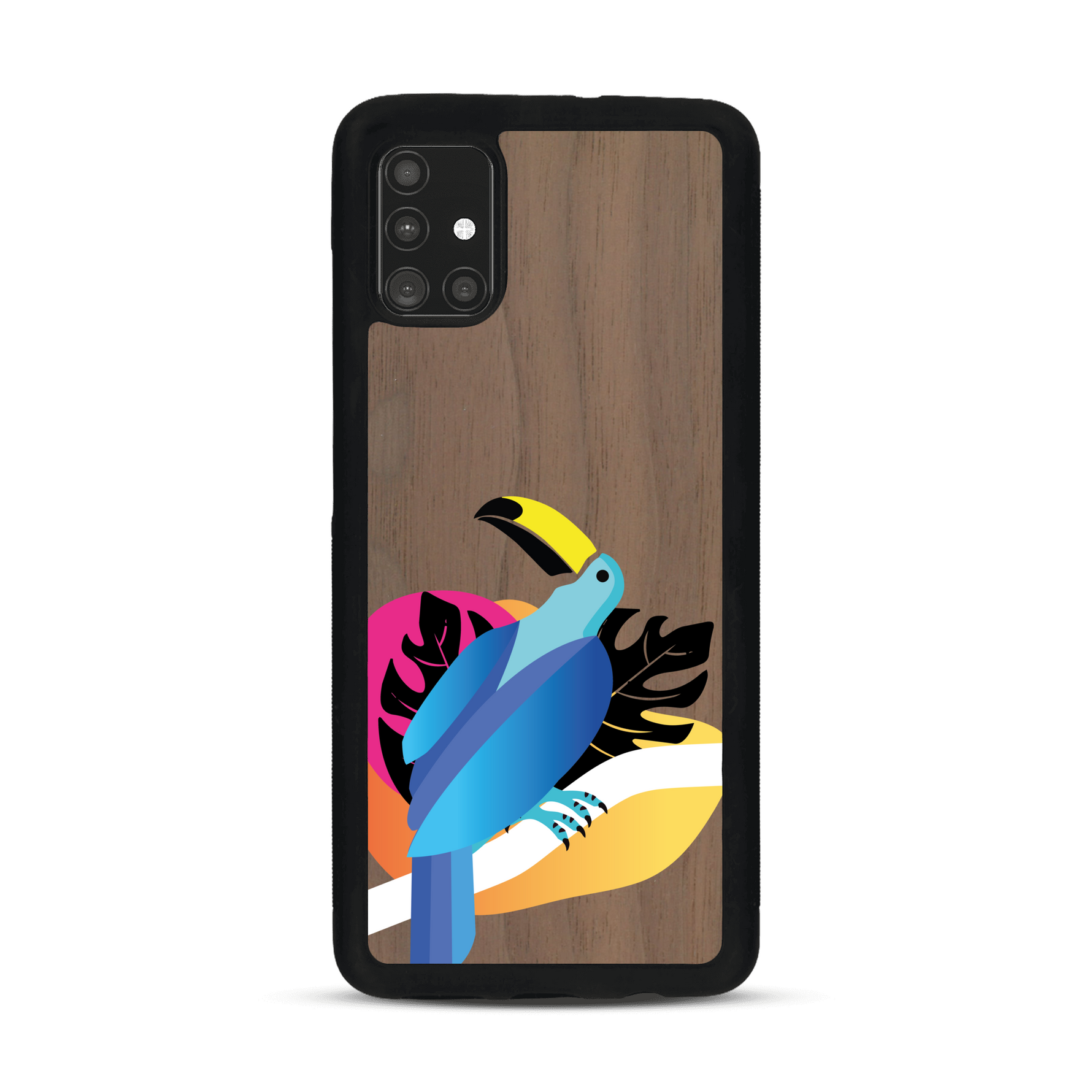 Coque de protection en bois véritable fabriquée en France pour Samsung A51 représentant un toucan coloré avec un design moderne et minimaliste sur le thème de la jungle et de la nature
