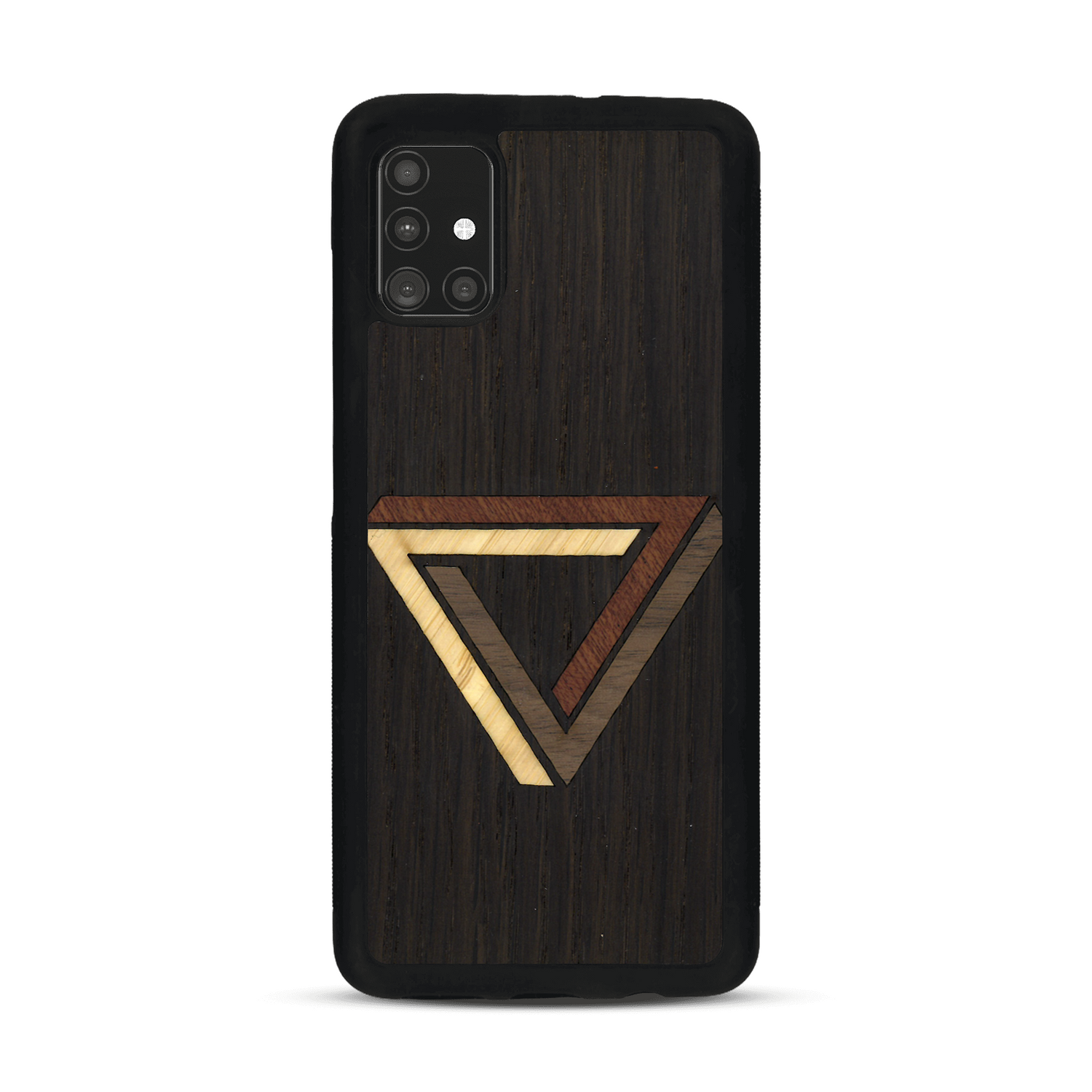 Coque de protection en bois véritable fabriquée en France pour  sur le thème de l'art géométrique qui allie du chêne fumé, du noyer, du bambou et du padouk représentant le triangle de penrose