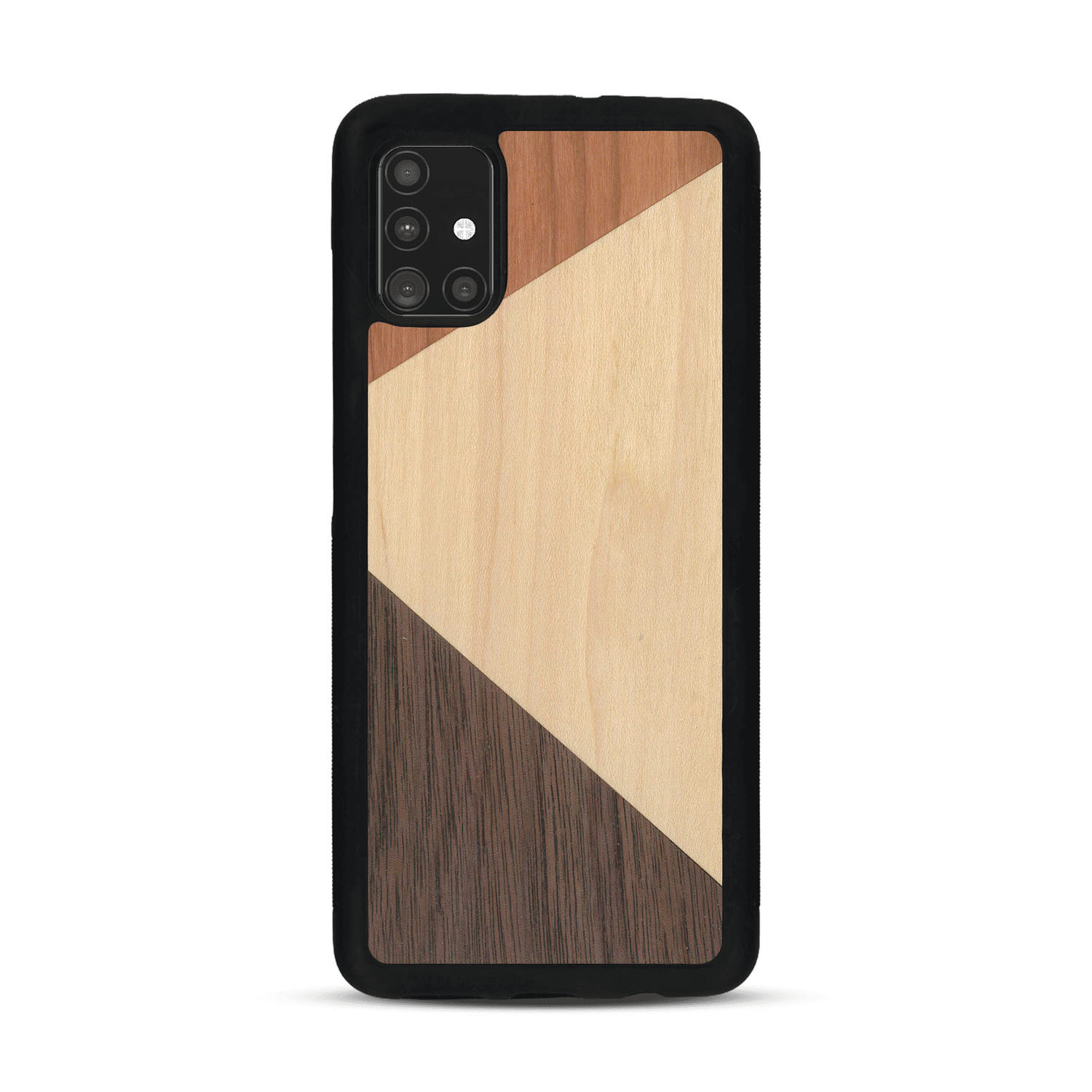 Coque de protection en bois véritable fabriquée en France pour  alliant du merisier, du noyer et du bambou formant chacun deux triangles et un trapèze avec deux jointures en diagonale sur le thème de l'art abstrait