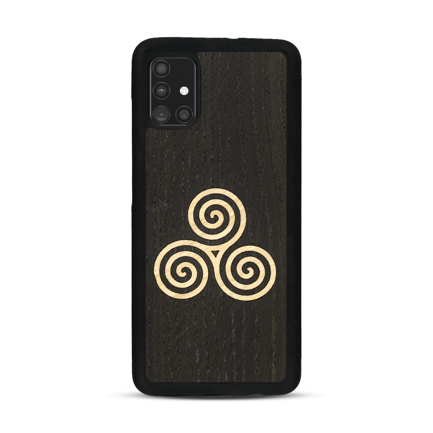 Coque de protection en bois véritable fabriquée en France pour  alliant du chêne fumé et du bambou et doré représentant un triskell