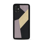 Coque de protection en bois véritable fabriquée en France pour  alliant du bambou, du tulipier mauve et noir en forme de mosaïque minimaliste sur le thème de l'art abstrait