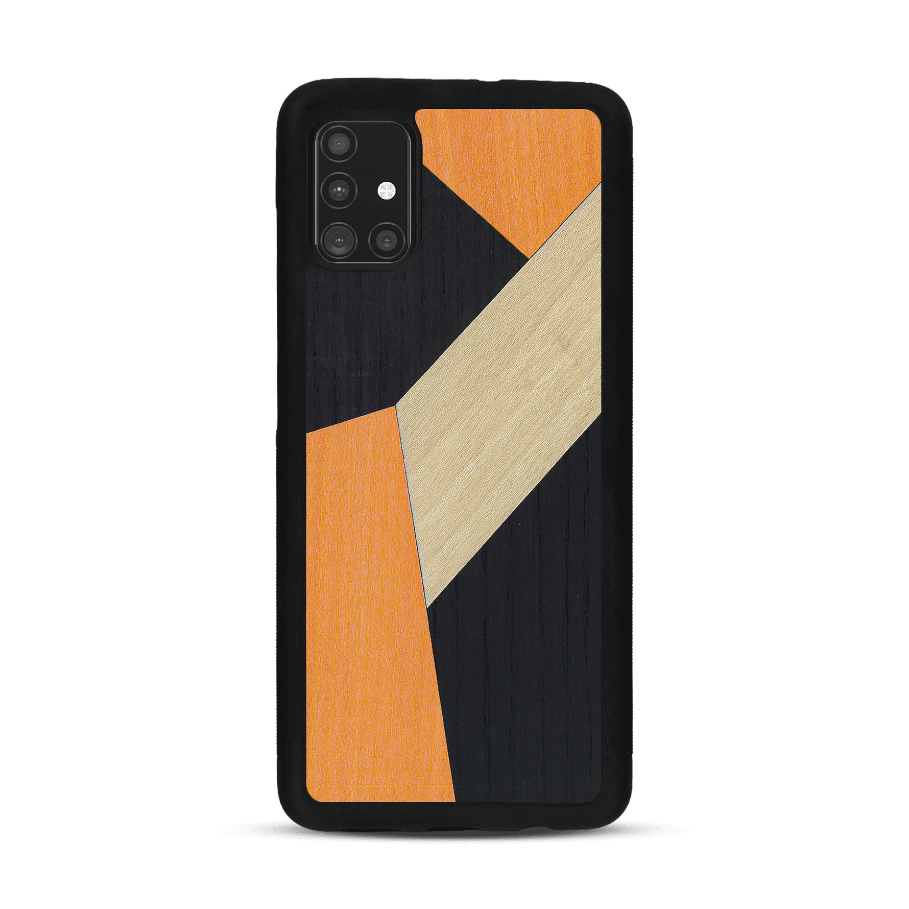 Coque de protection en bois véritable fabriquée en France pour  alliant du bambou, du tulipier orange et noir en forme de mosaïque minimaliste sur le thème de l'art abstrait