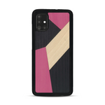 Coque de protection en bois véritable fabriquée en France pour  alliant du bambou, du tulipier rose et noir en forme de mosaïque minimaliste sur le thème de l'art abstrait