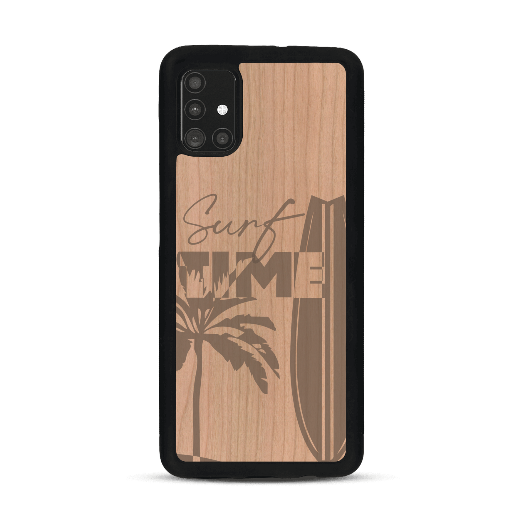Coque de protection en bois véritable fabriquée en France pour  sur le thème chill avec un motif représentant une silouhette tenant une planche de surf sur une plage entouré de palmiers et les mots "Surf Time Long Beach Miami"