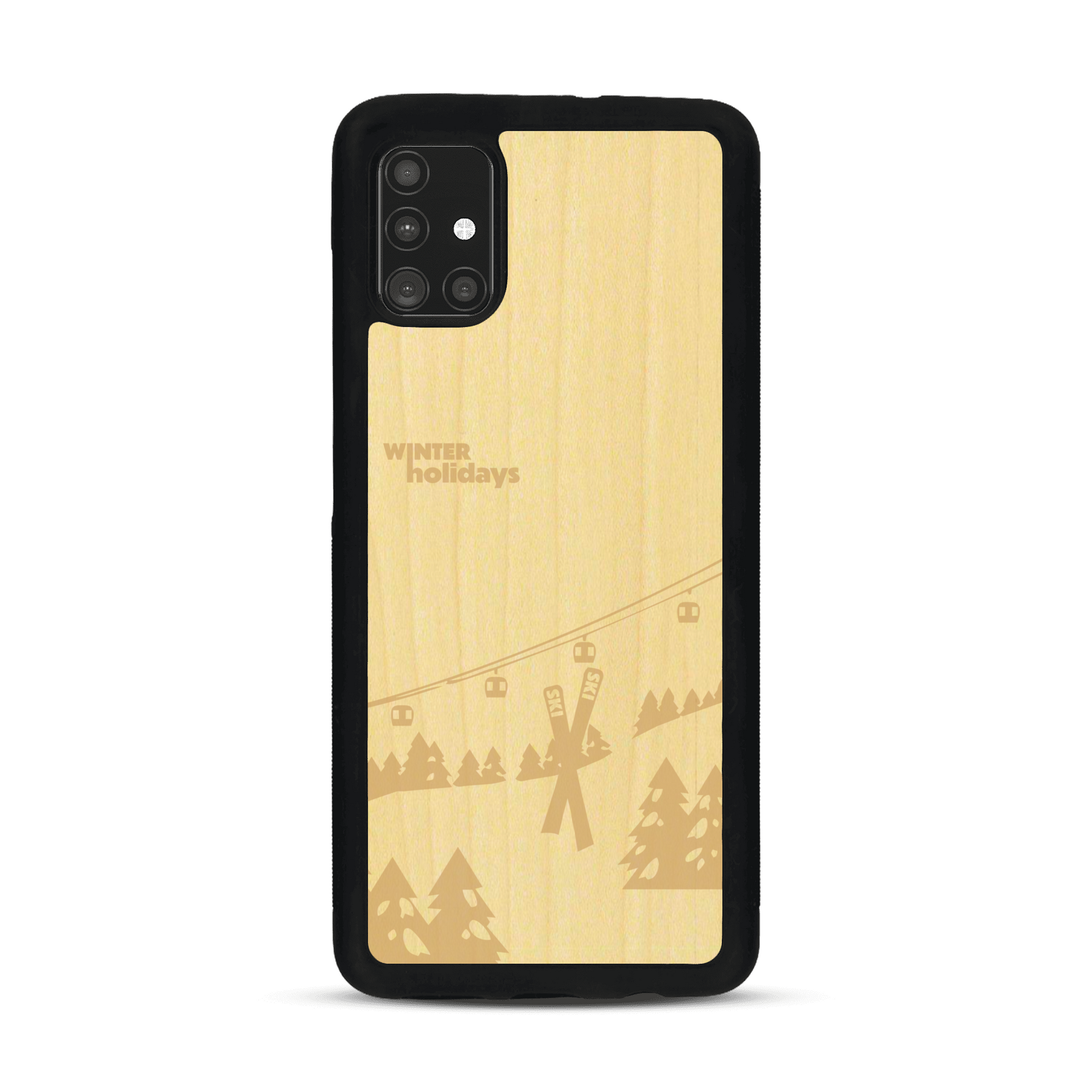 Coque de protection en bois véritable fabriquée en France pour  sur le thème de la montagne, du ski et de la neige avec un motif représentant une paire de ski plantée dans la neige avec en fond des montagnes enneigées