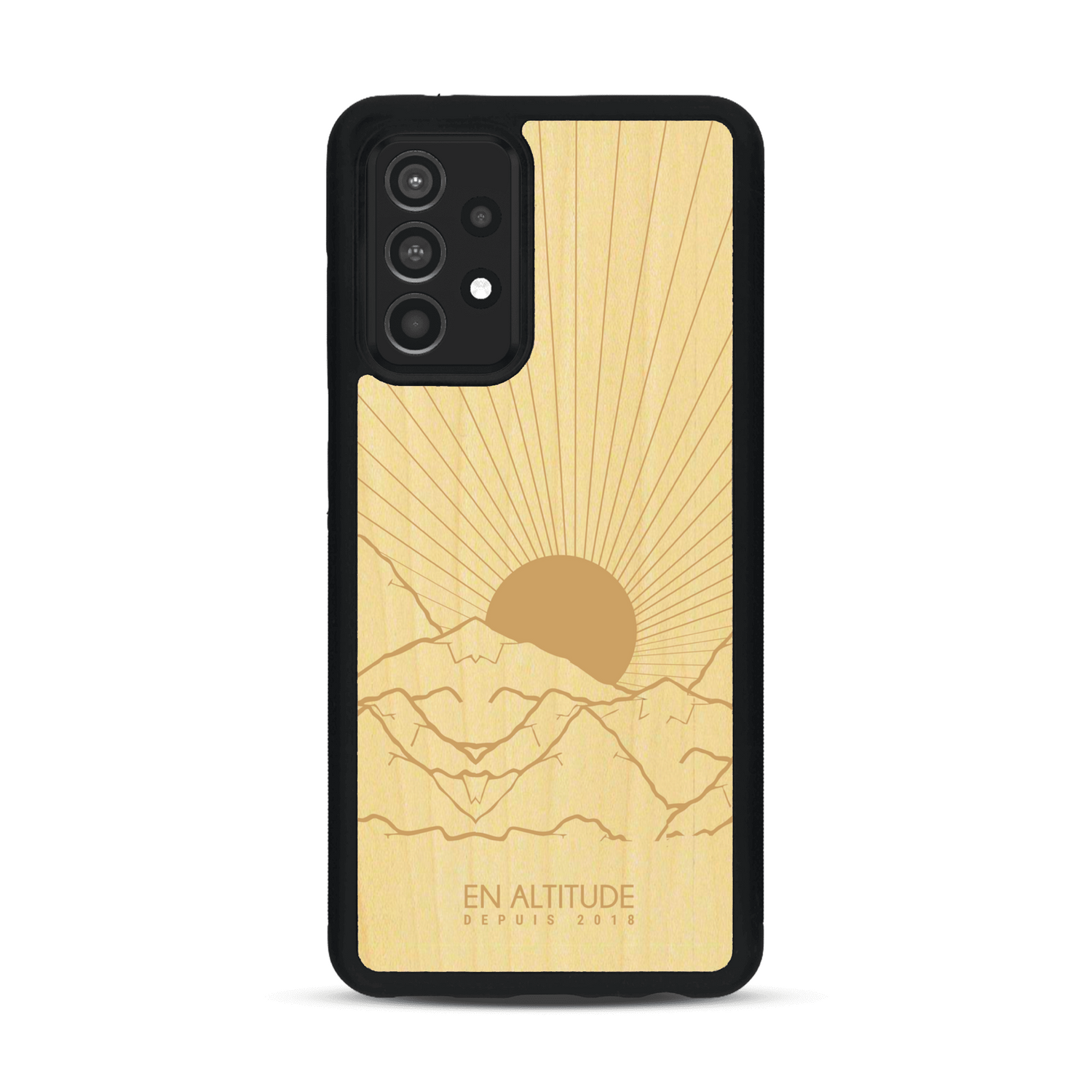 Coque de protection en bois véritable fabriquée en France pour  représentant des montagnes, sur le thème de la randonnée en pleine nature et du trail