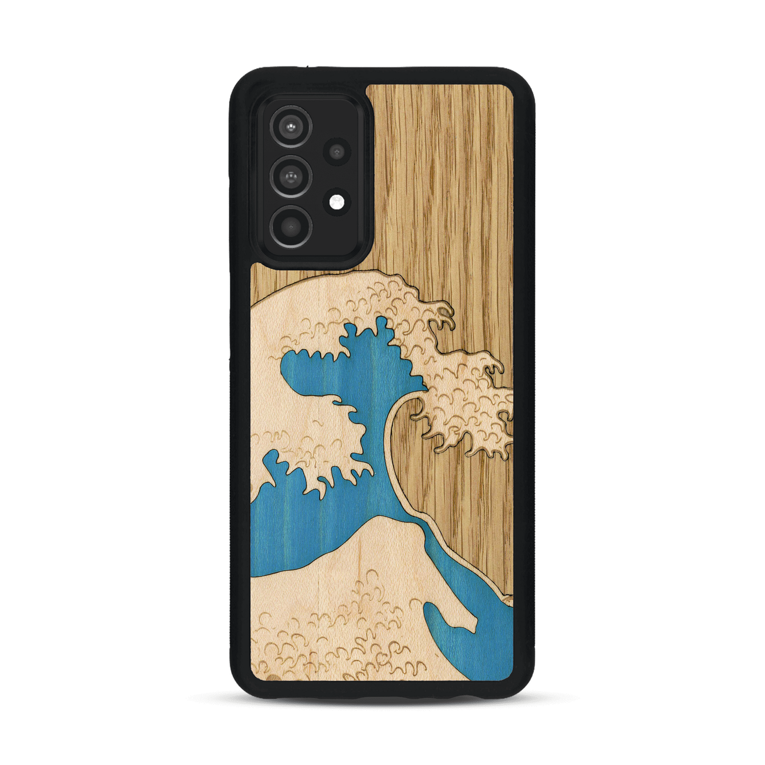 Coque de protection en bois véritable fabriquée en France pour  alliant plusieurs essences de bois pour représenter la célèbre grande vague de Kanagawa