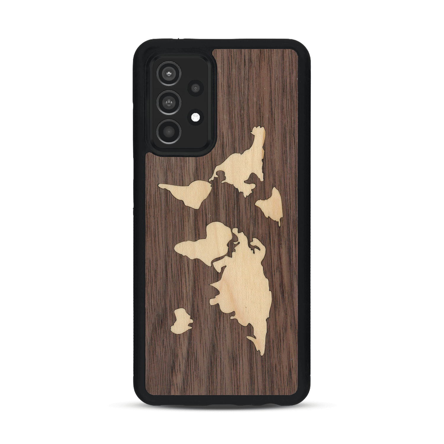 Coque de protection en bois véritable fabriquée en France pour  alliant du bambou et du noyer sur le thème du voyage et de l'aventure représentant une mappemonde