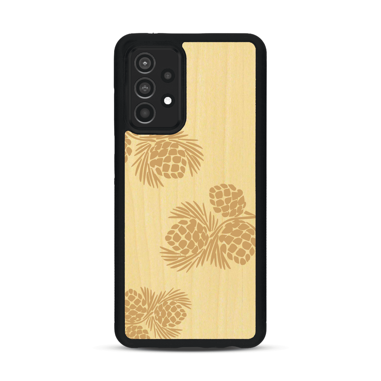 Coque de protection en bois véritable fabriquée en France pour  sur le thème de la nature des arbres avec un motif de gravure représentant des épines de sapin et des pommes de pin