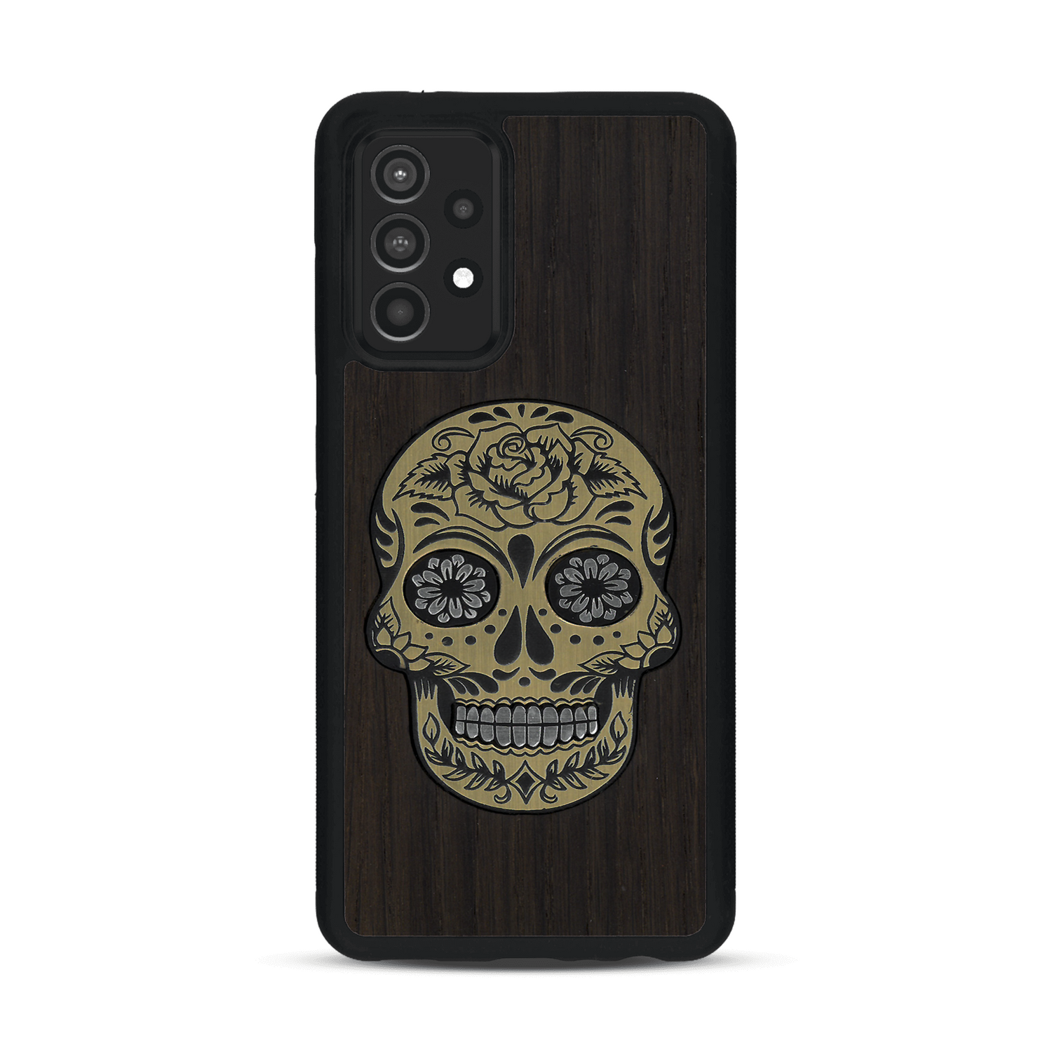 Coque de protection en bois véritable fabriquée en France pour  alliant du chêne fumé avec du métal argenté et doré représentant une tête de mort mexicaine sur le thème Dia de los Muertos