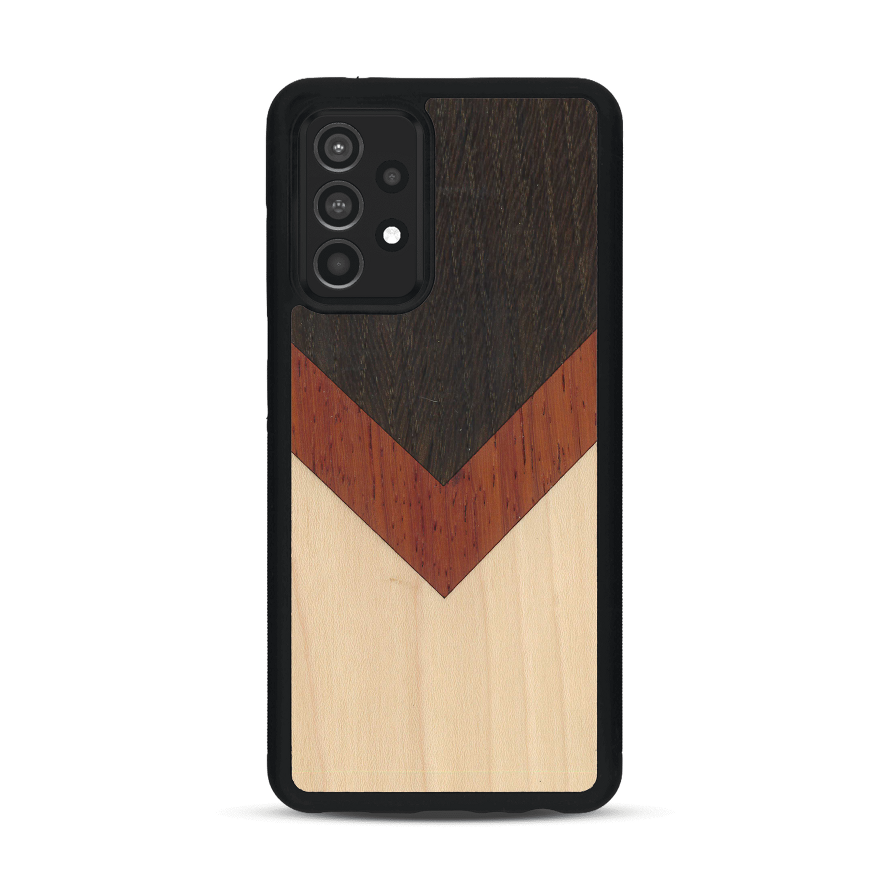Coque de protection en bois véritable fabriquée en France pour  alliant du chêne fumé, du padouk et du bambou en forme de chevron sur le thème de l'art abstrait