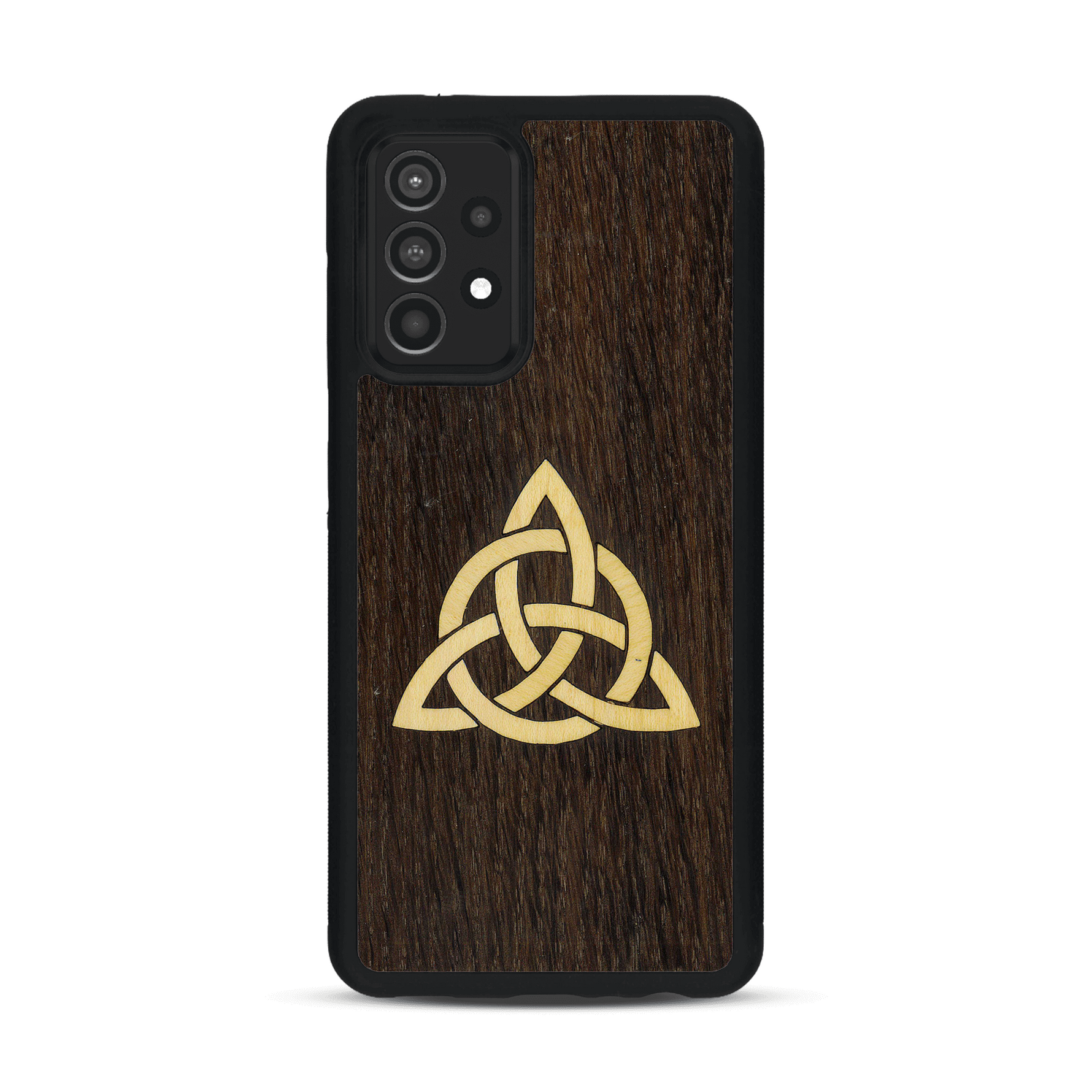 Coque de protection en bois véritable fabriquée en France pour  alliant du chêne fumé et du bambou représentant une triquetra