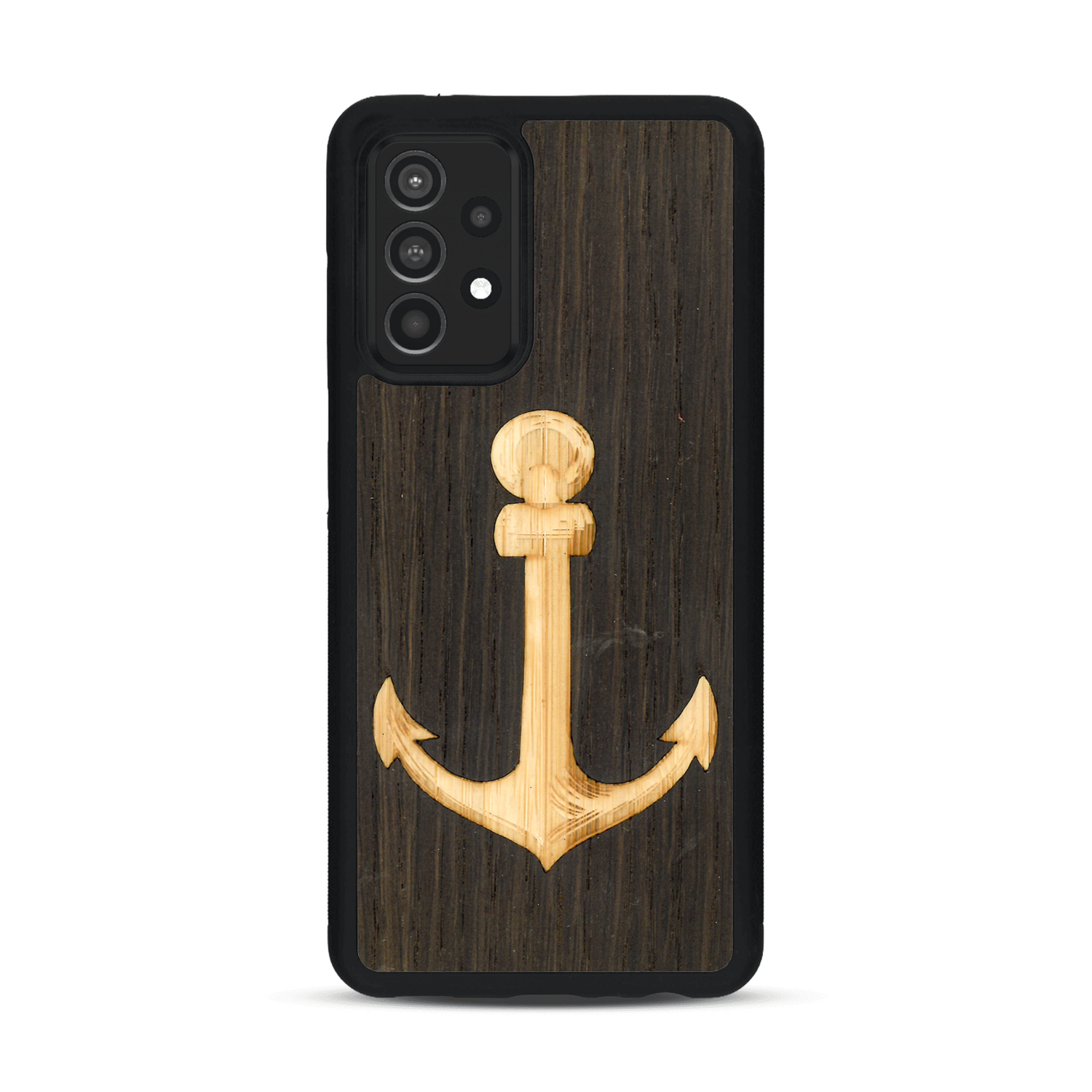 Coque de protection en bois véritable fabriquée en France pour  sur le thème nautique avec un bois clair et un bois foncé représentant une ancre de bateau