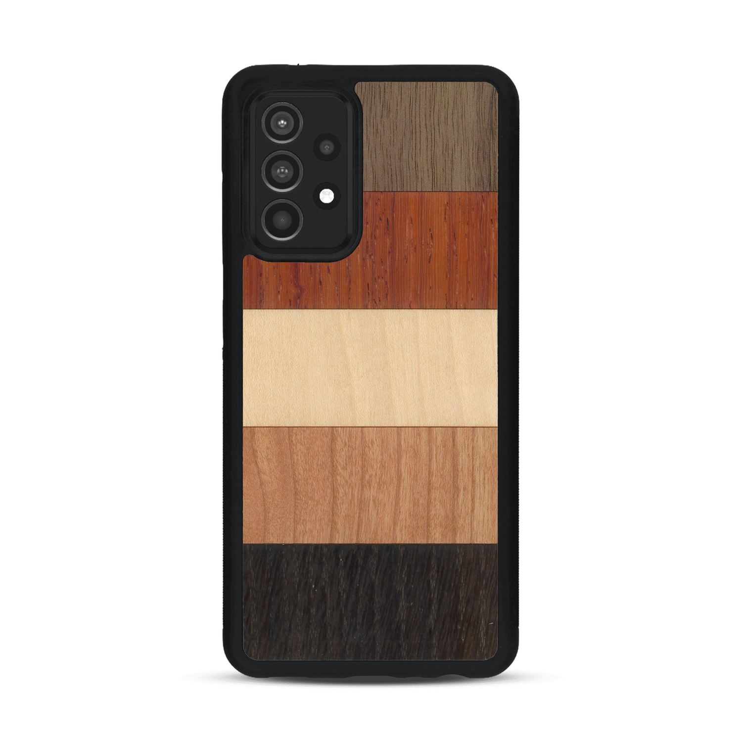 Coque de protection en bois véritable fabriquée en France pour  alliant des bandes horizontales de bambou, merisier, padouk, noyer et chêne fumé