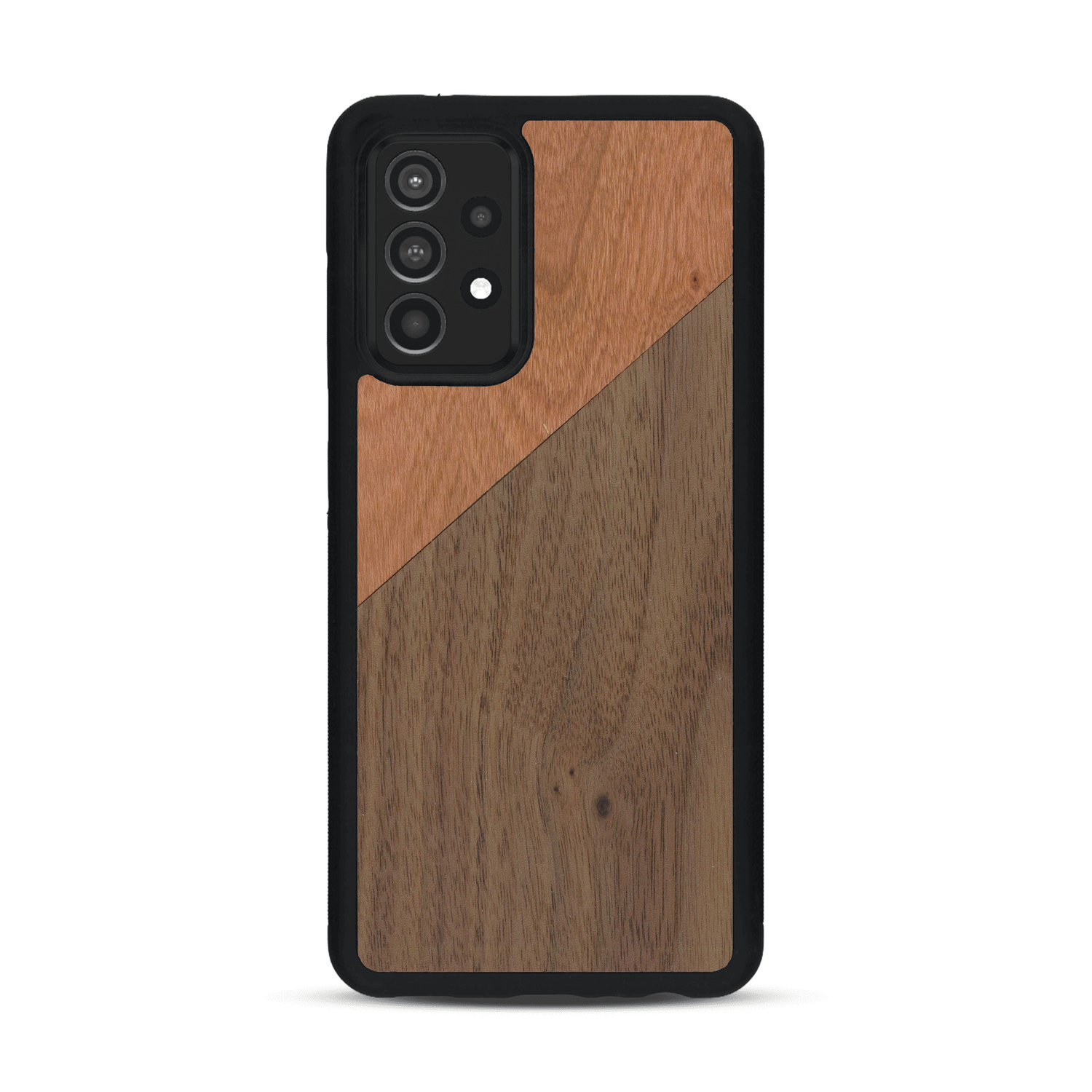 Coque de protection en bois véritable fabriquée en France pour  alliant du merisier et du noyer formant chacun un triangle avec une jointure en diagonale sur le thème de l'art abstrait