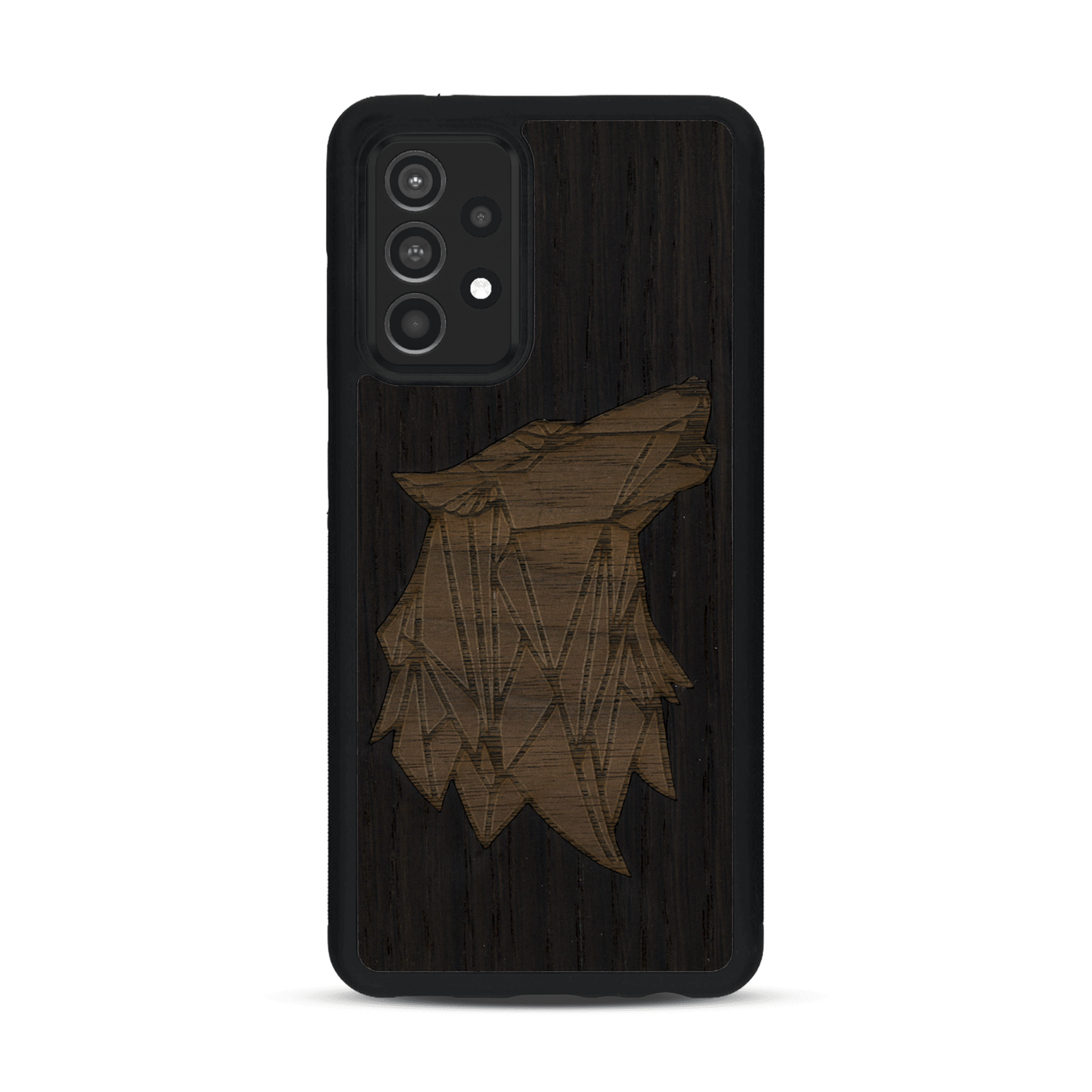 Coque de protection en bois véritable fabriquée en France pour  alliant du chêne fumé et du noyer représentant une tête de loup géométrique de profil sur le thème des animaux et de la nature