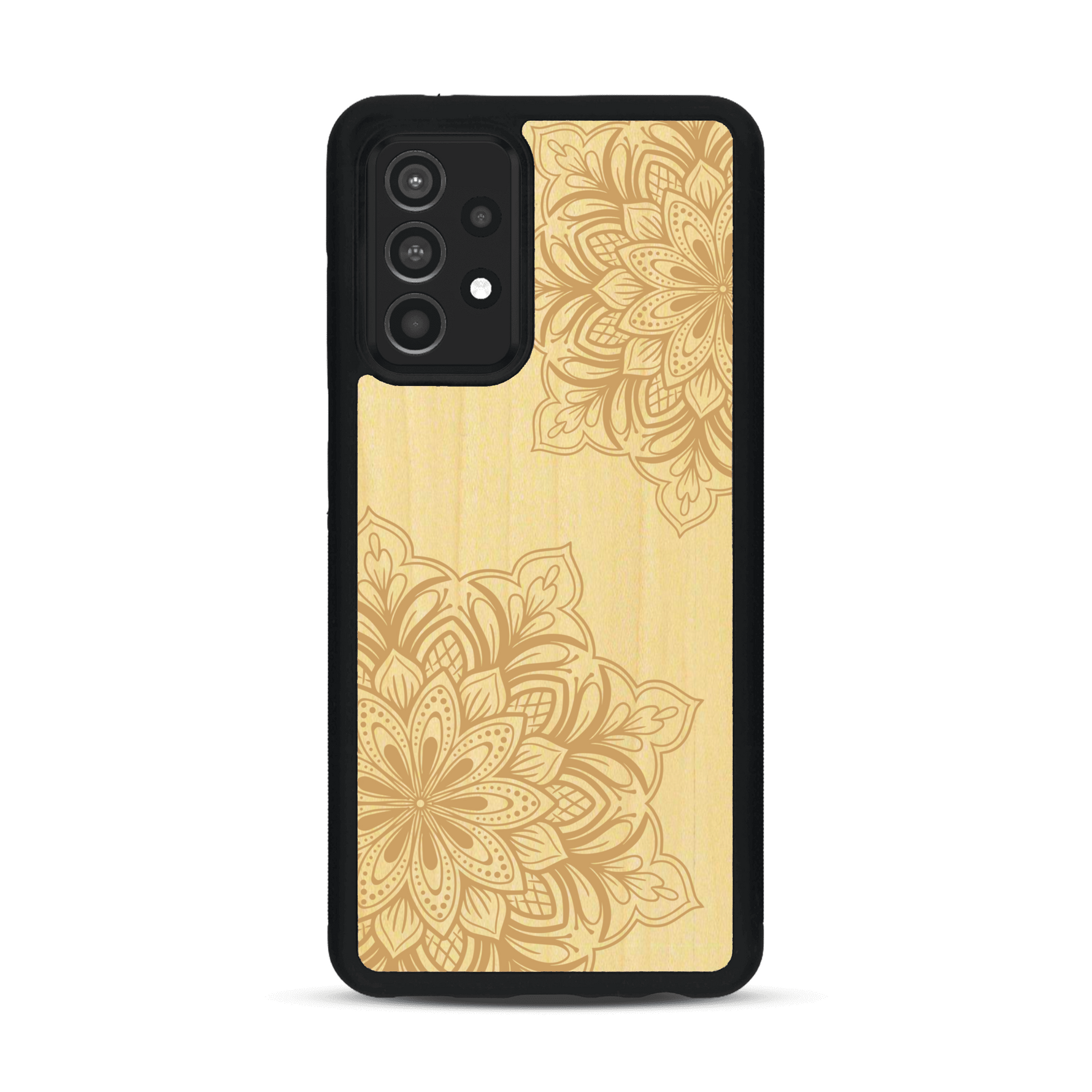 Coque de protection en bois véritable fabriquée en France pour  sur le thème de la bohème et du tatouage au henné avec une gravure représentant un mandala