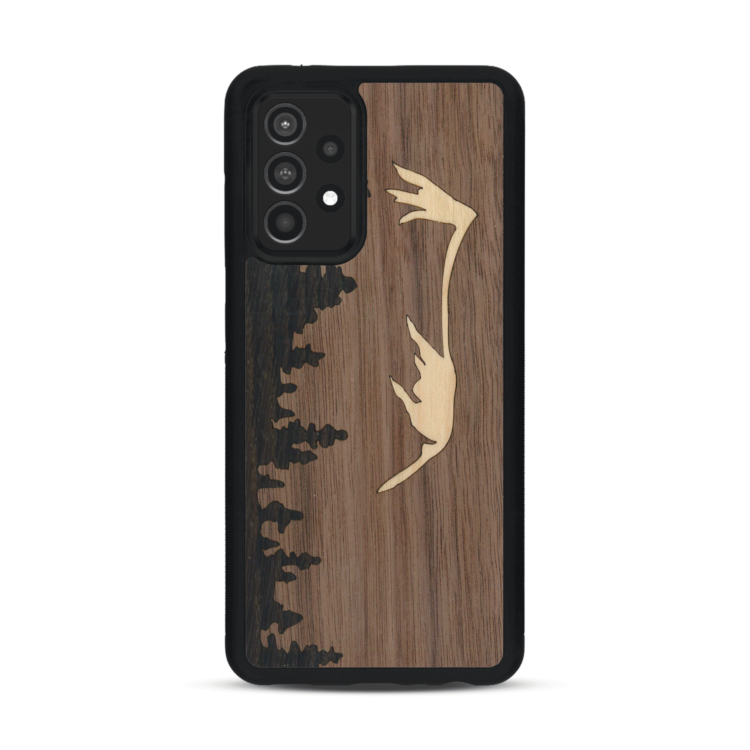 Coque de protection en bois véritable fabriquée en France pour  sur le thème de la nature et de la montagne qui allie du chêne fumé, du noyer et du bambou représentant le mont mézenc