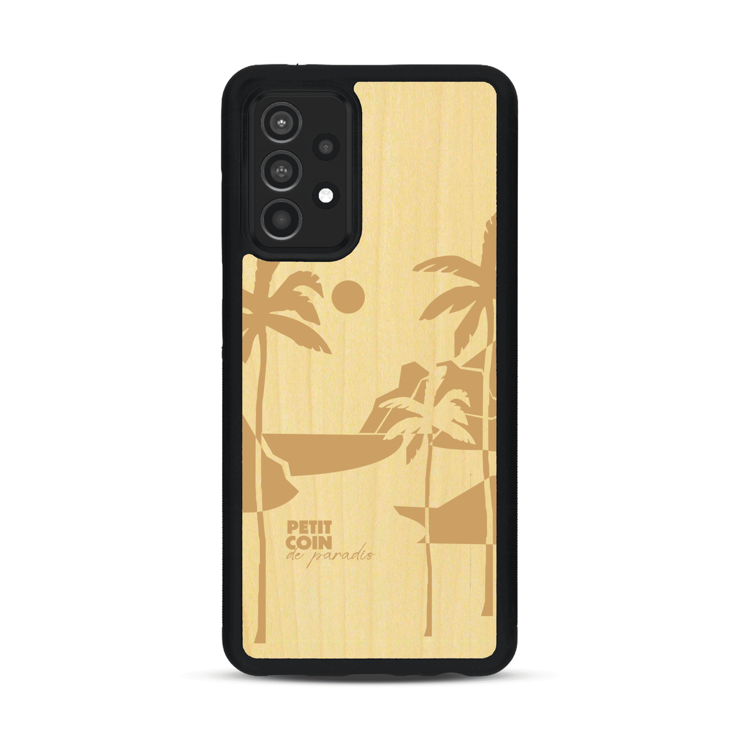 Coque de protection en bois véritable fabriquée en France pour  sur le thème des voyages en vans, vanlife et chill avec une gravure représentant un van vw combi devant le soleil couchant sur une plage avec des vagues